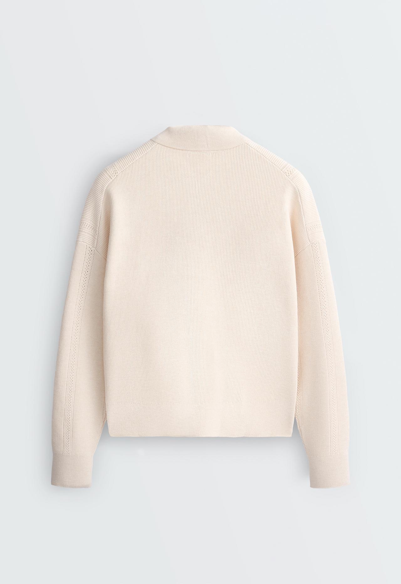Long-sleeved open-knit polo shirt — ECRU