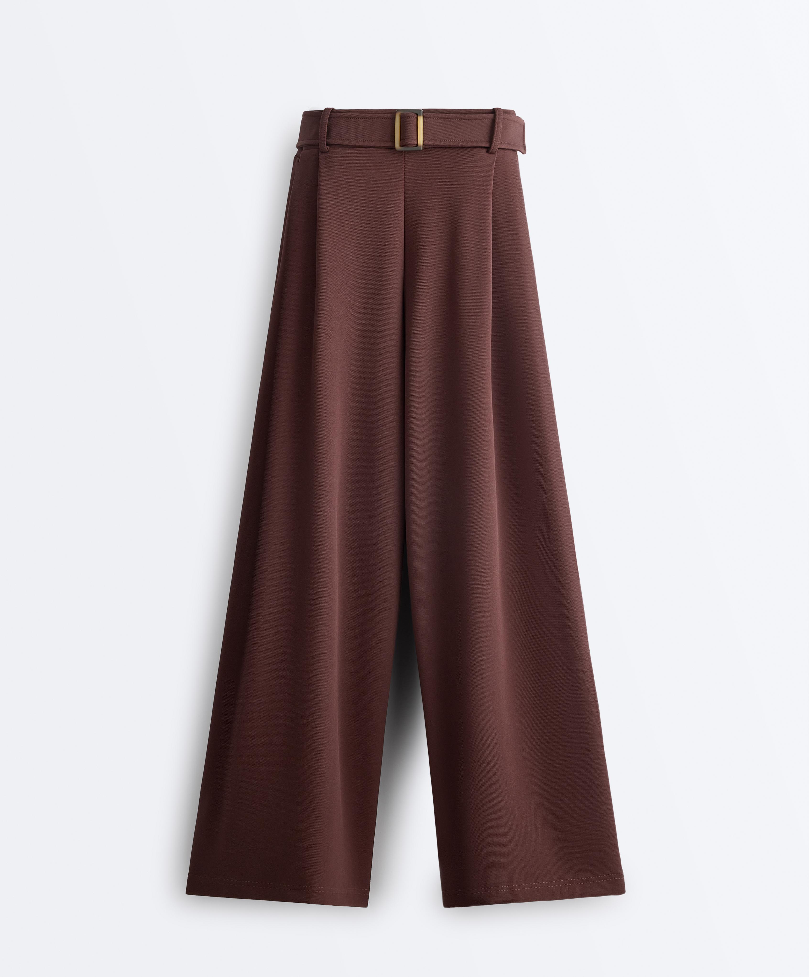 Wide-leg cotton piqué belted trousers — CHOCOLATE