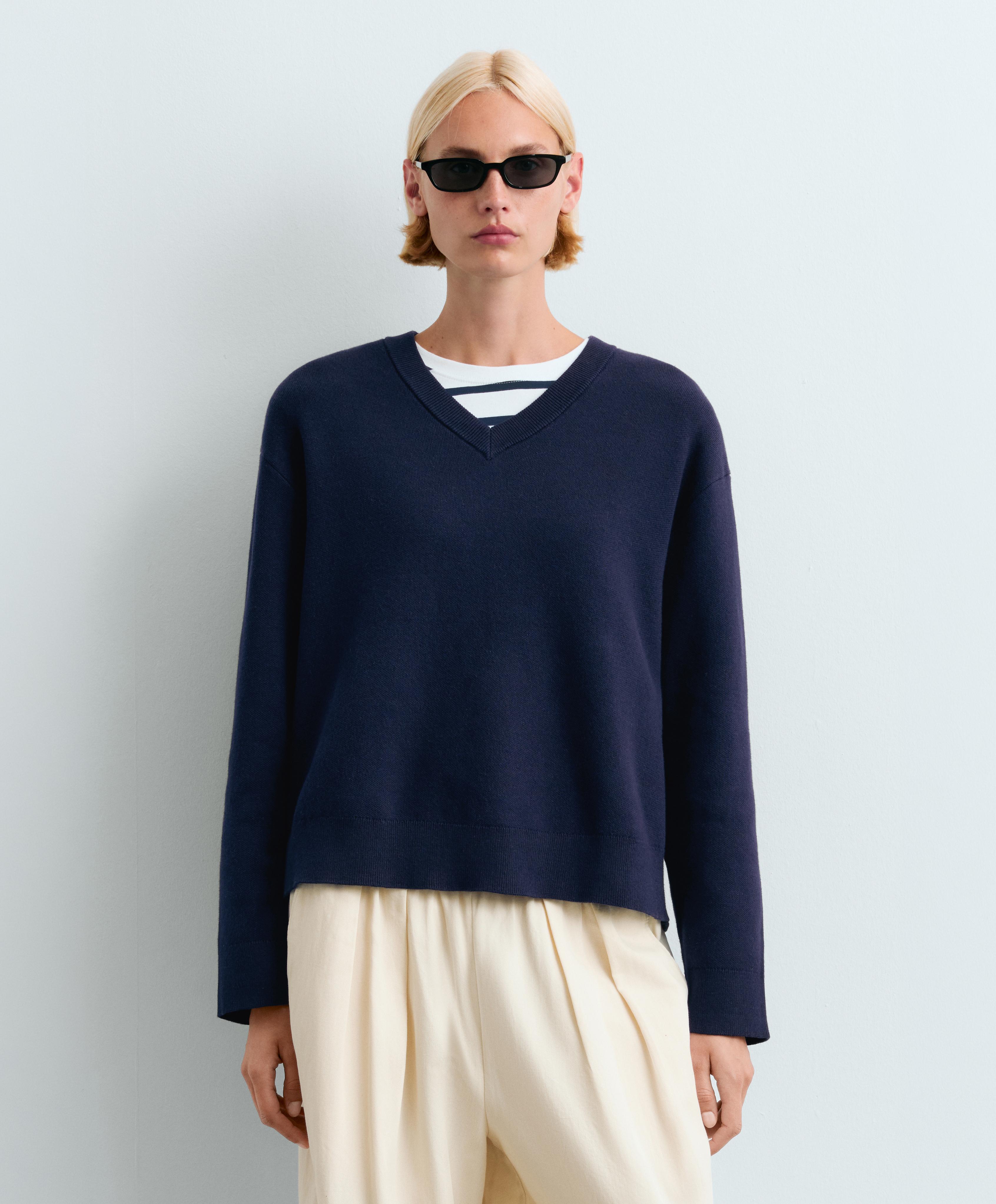 Cotton blend V-neck knit jumper — NAVY BLUE