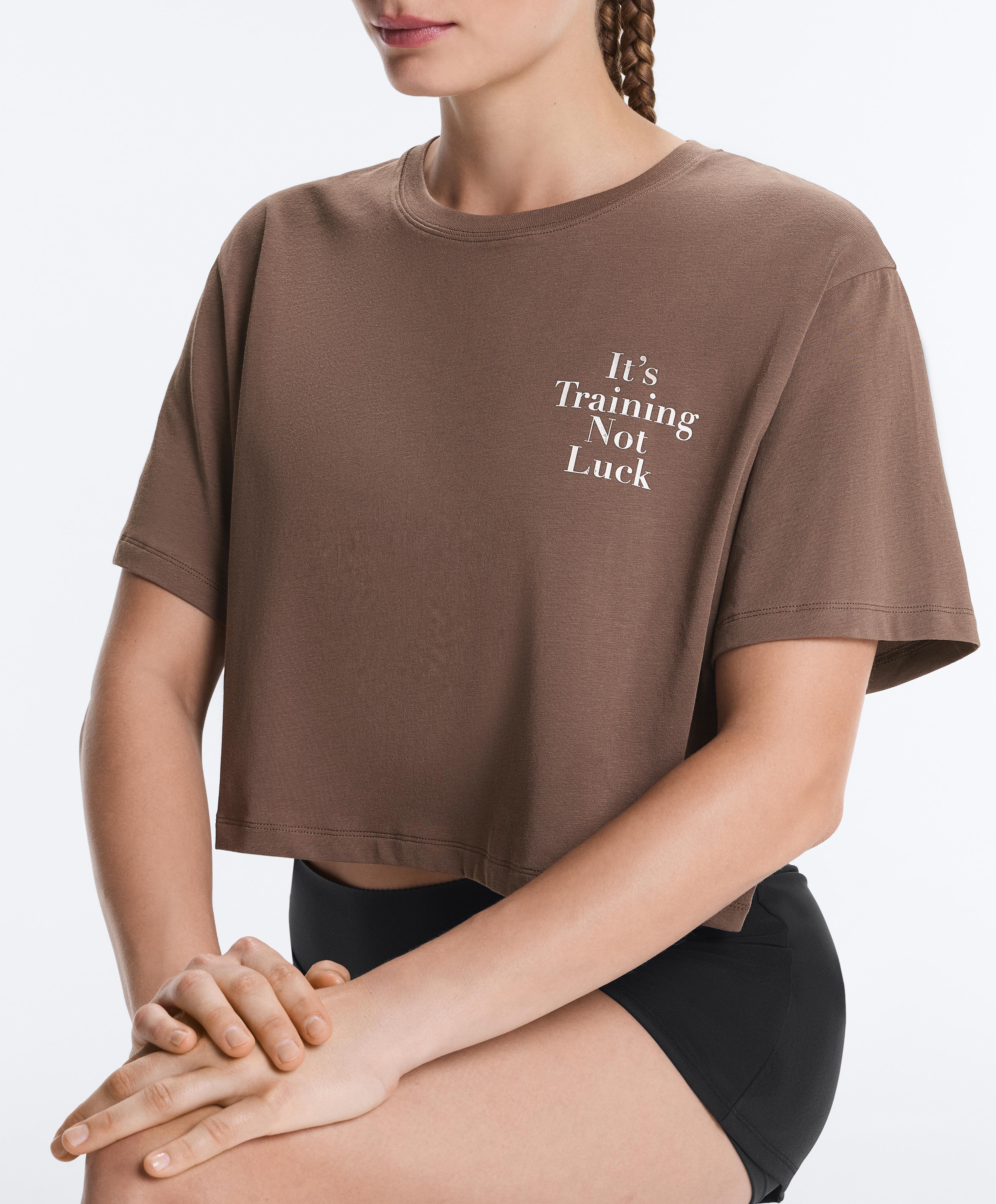 Boxy cropped cotton blend slogan T-shirt — BROWN