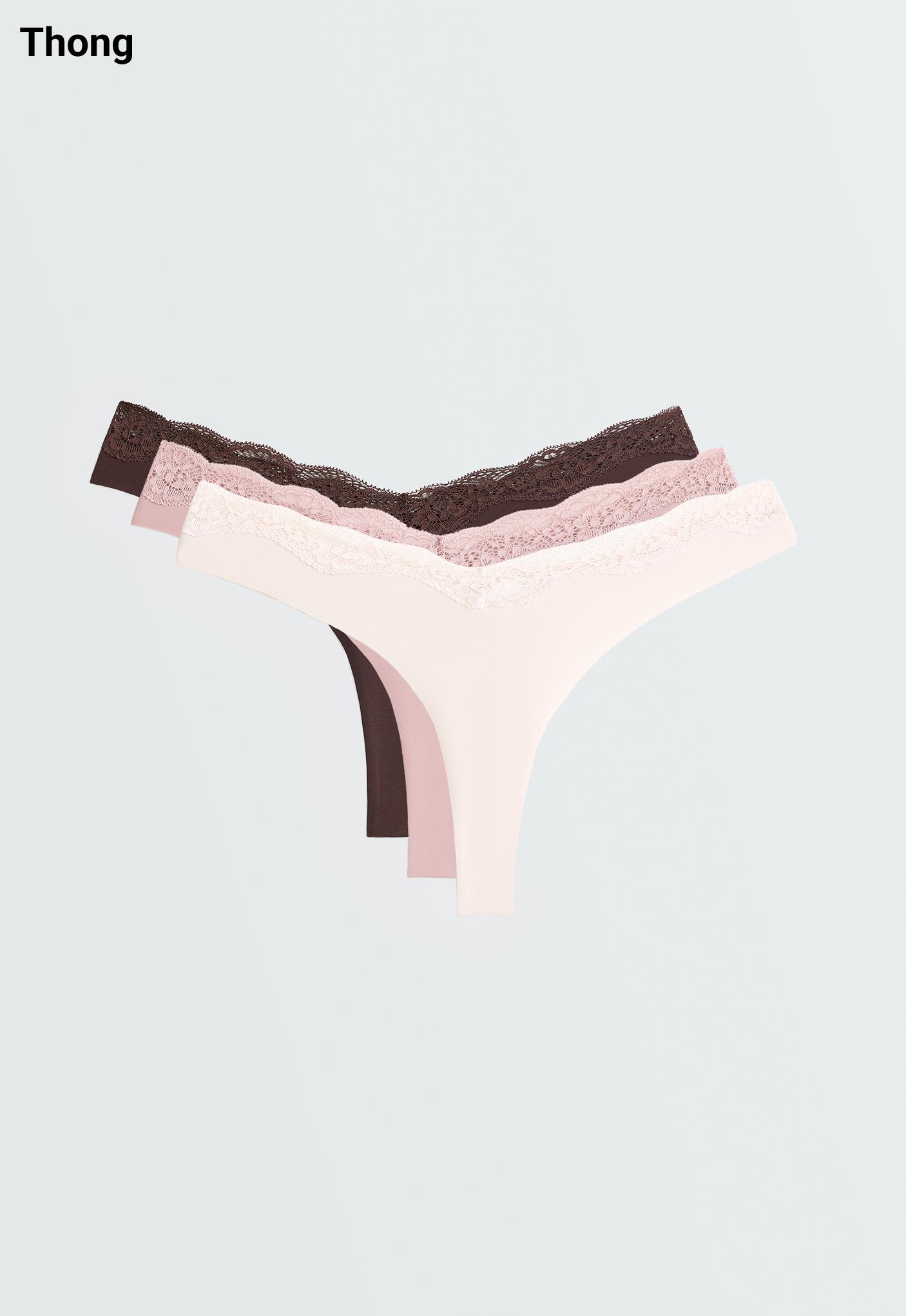 3 laser-cut polyamide blend lace thongs — CHOCOLATE
