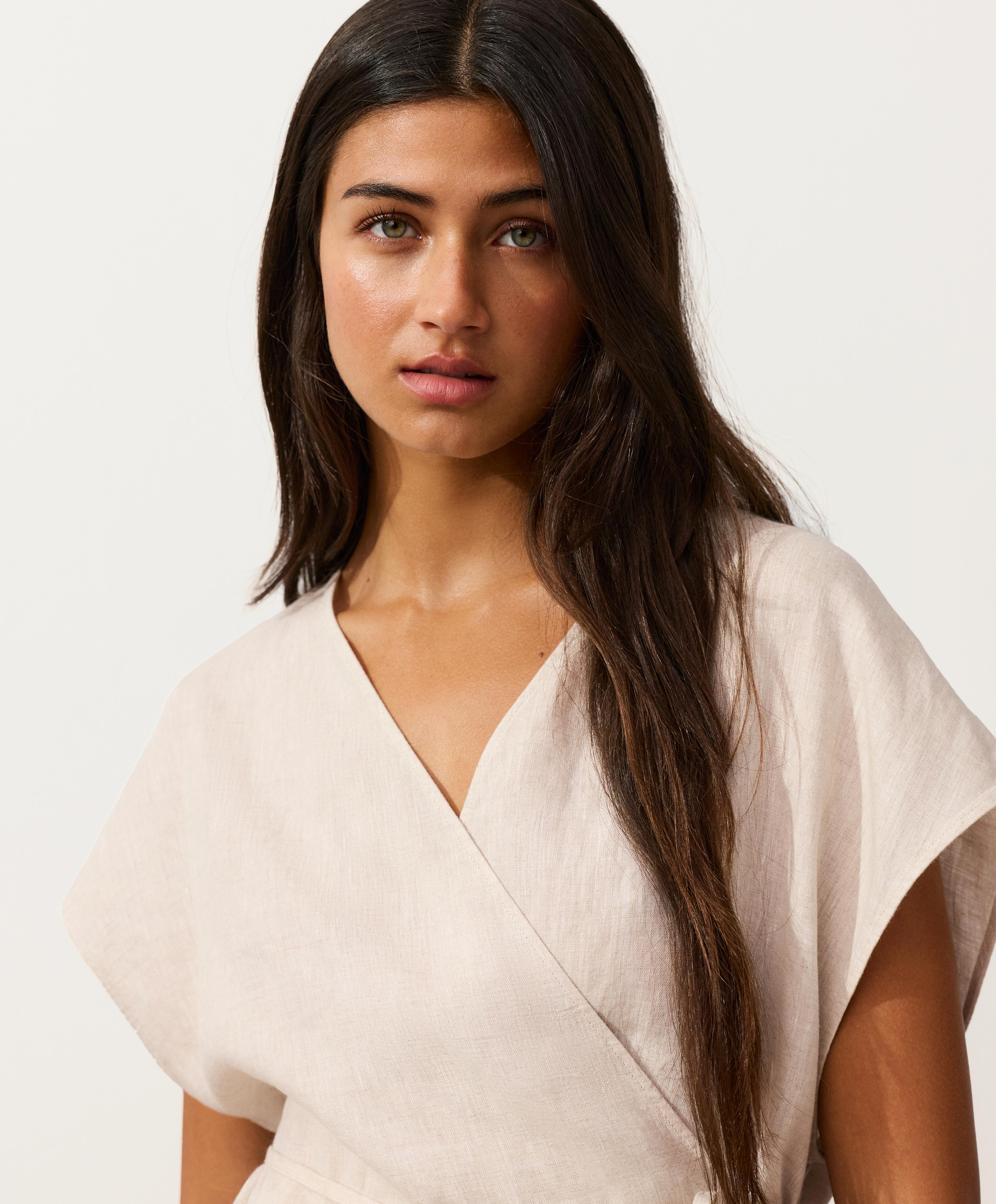 100% linen wrap shirt with tie — SAND MELANGE