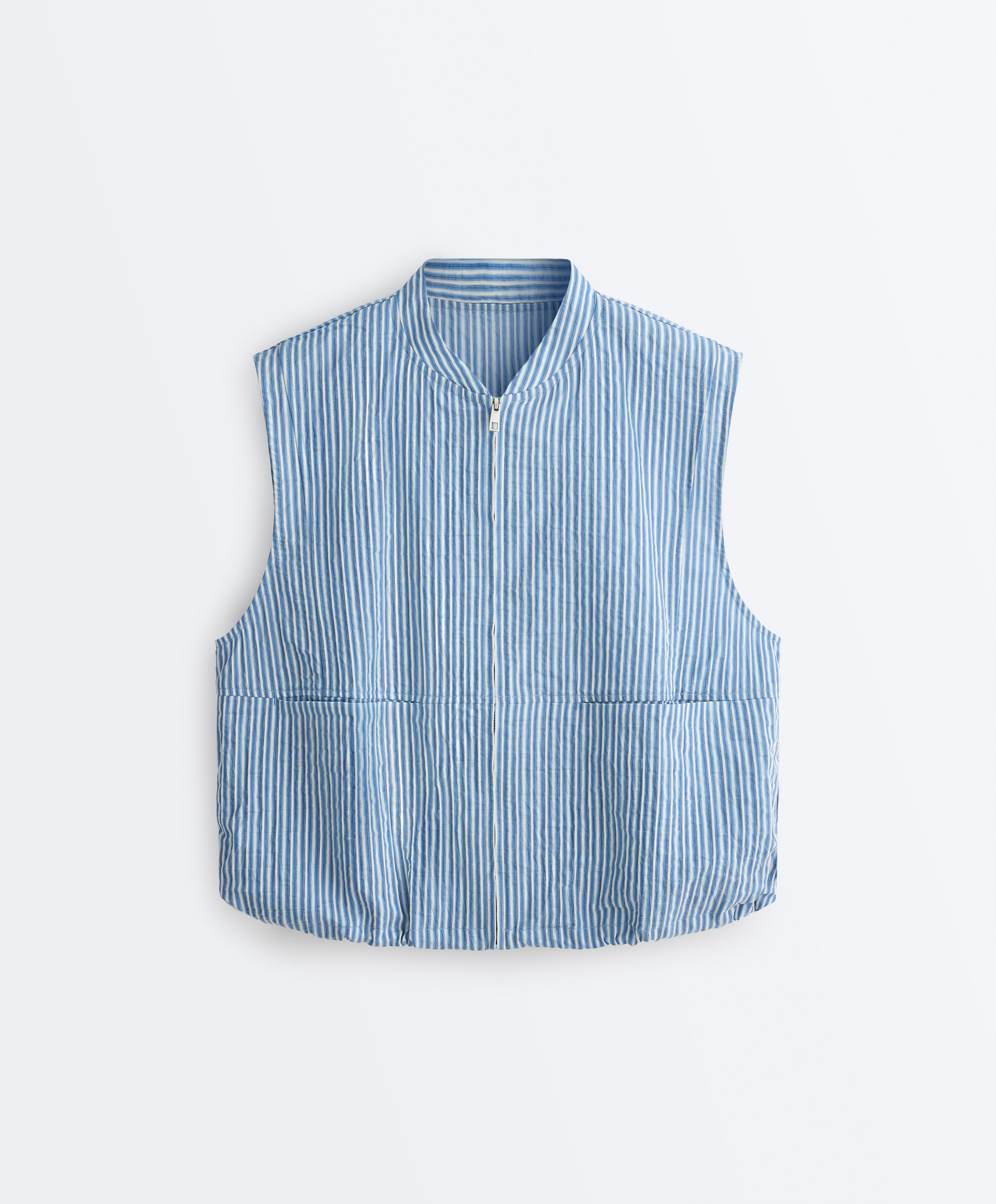 Striped cotton blend vest — MID-BLUE