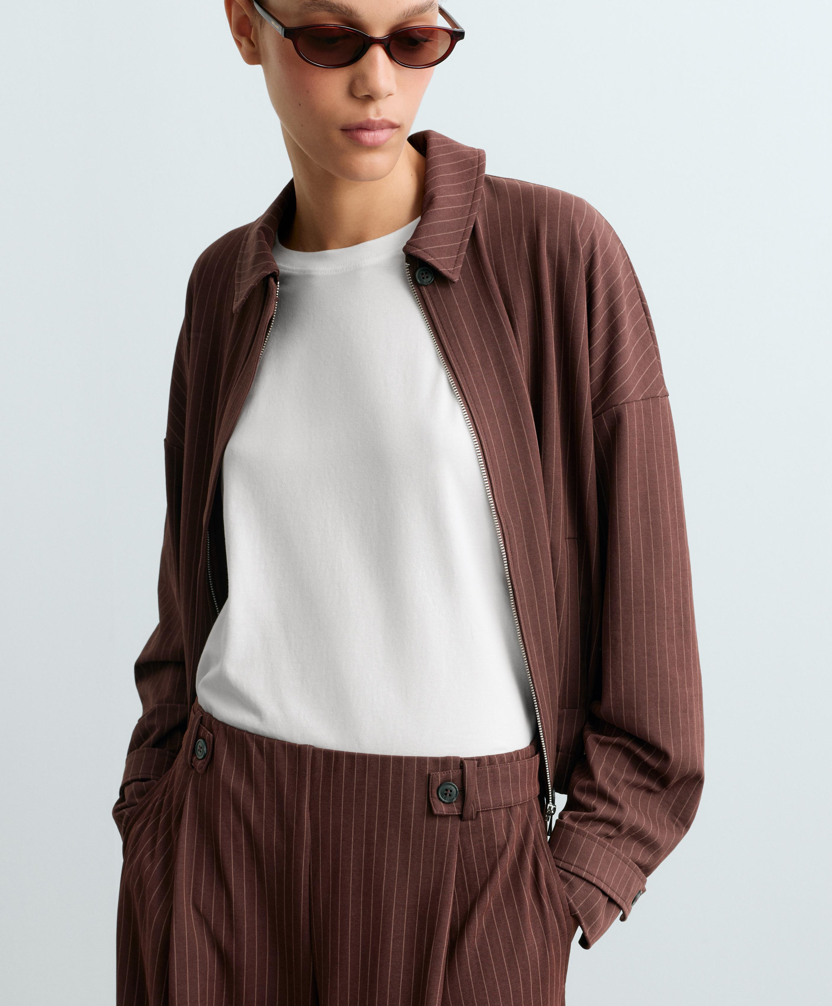 Wide-leg pinstripe piqué cotton crop trousers — CHOCOLATE