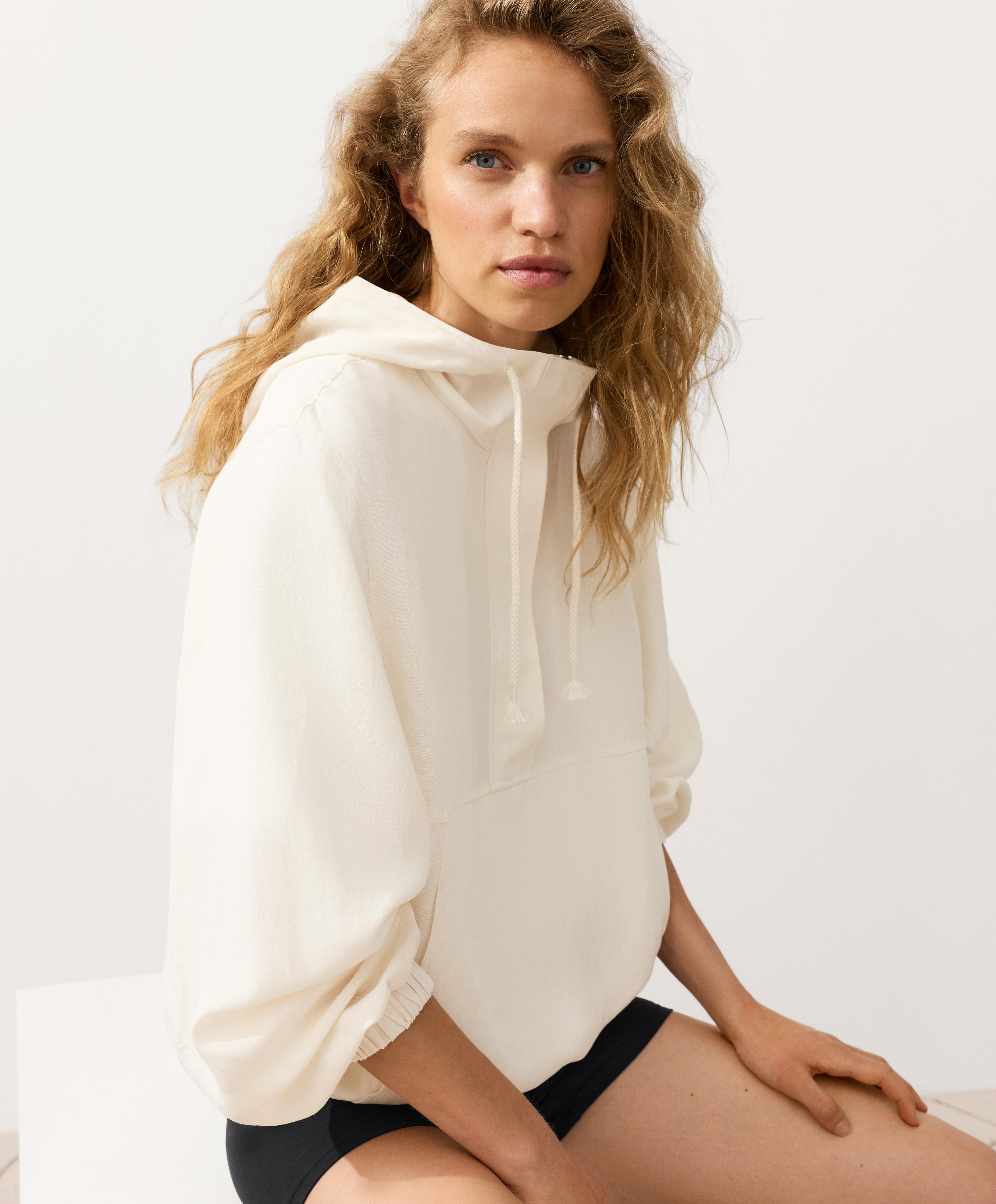 Half-zip sweatshirt with front pocket, lyocell and 24% linen blend — PALE ECRU
