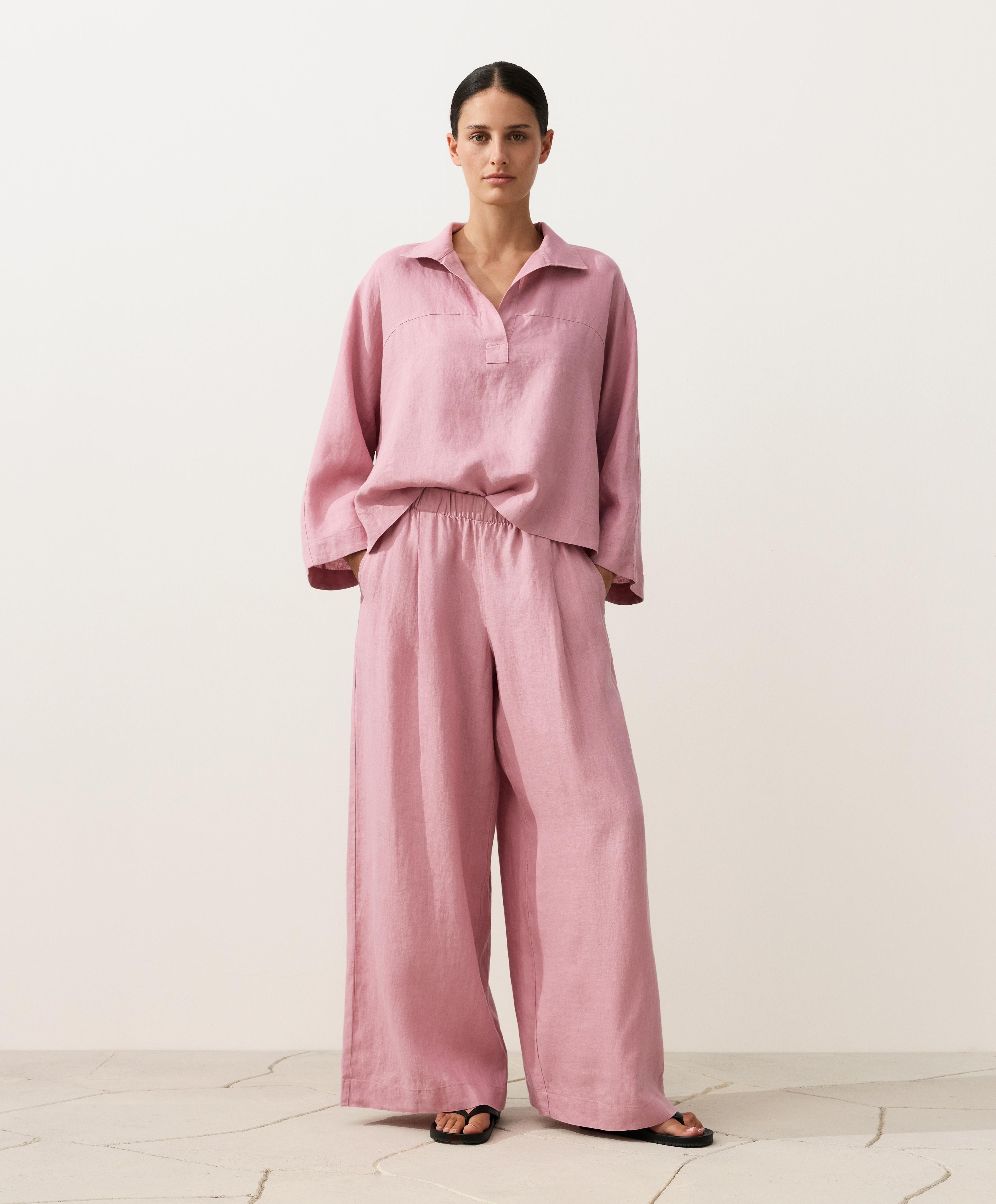 Oversize long-sleeve 100% linen polo shirt — MID-PINK