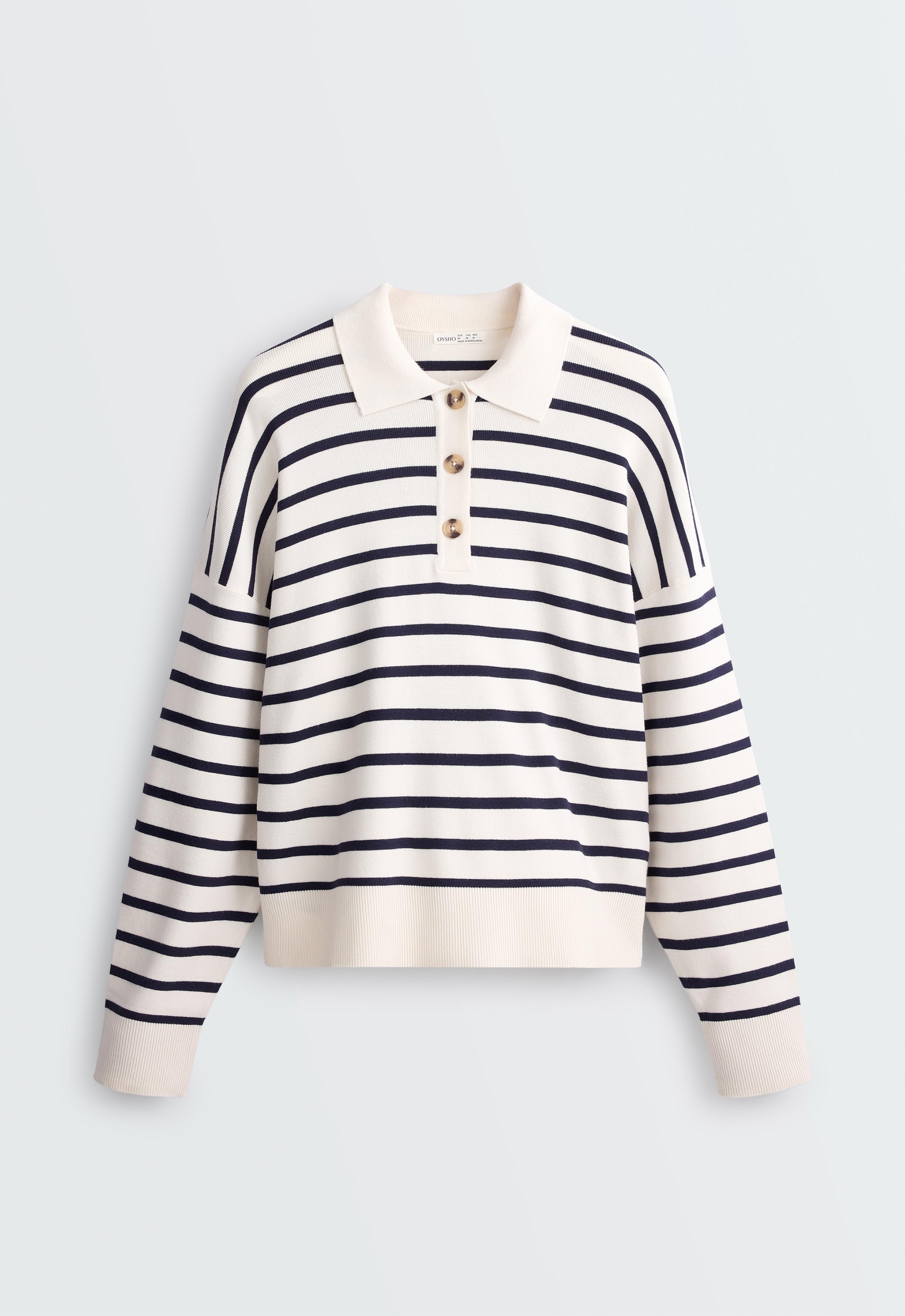 Striped knit polo jumper — PALE ECRU