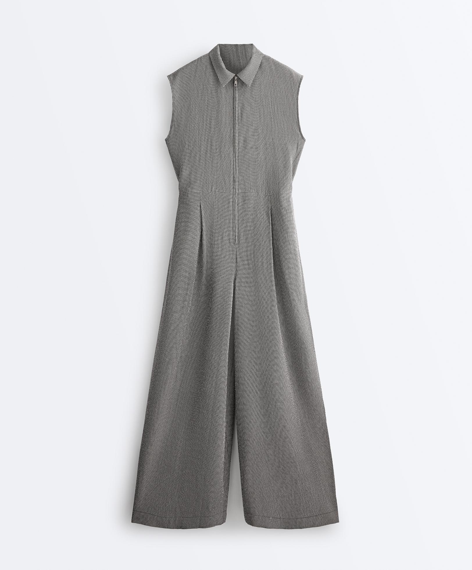 Long gingham jumpsuit with lapel collar and lyocell blend — DUSTY BLACK
