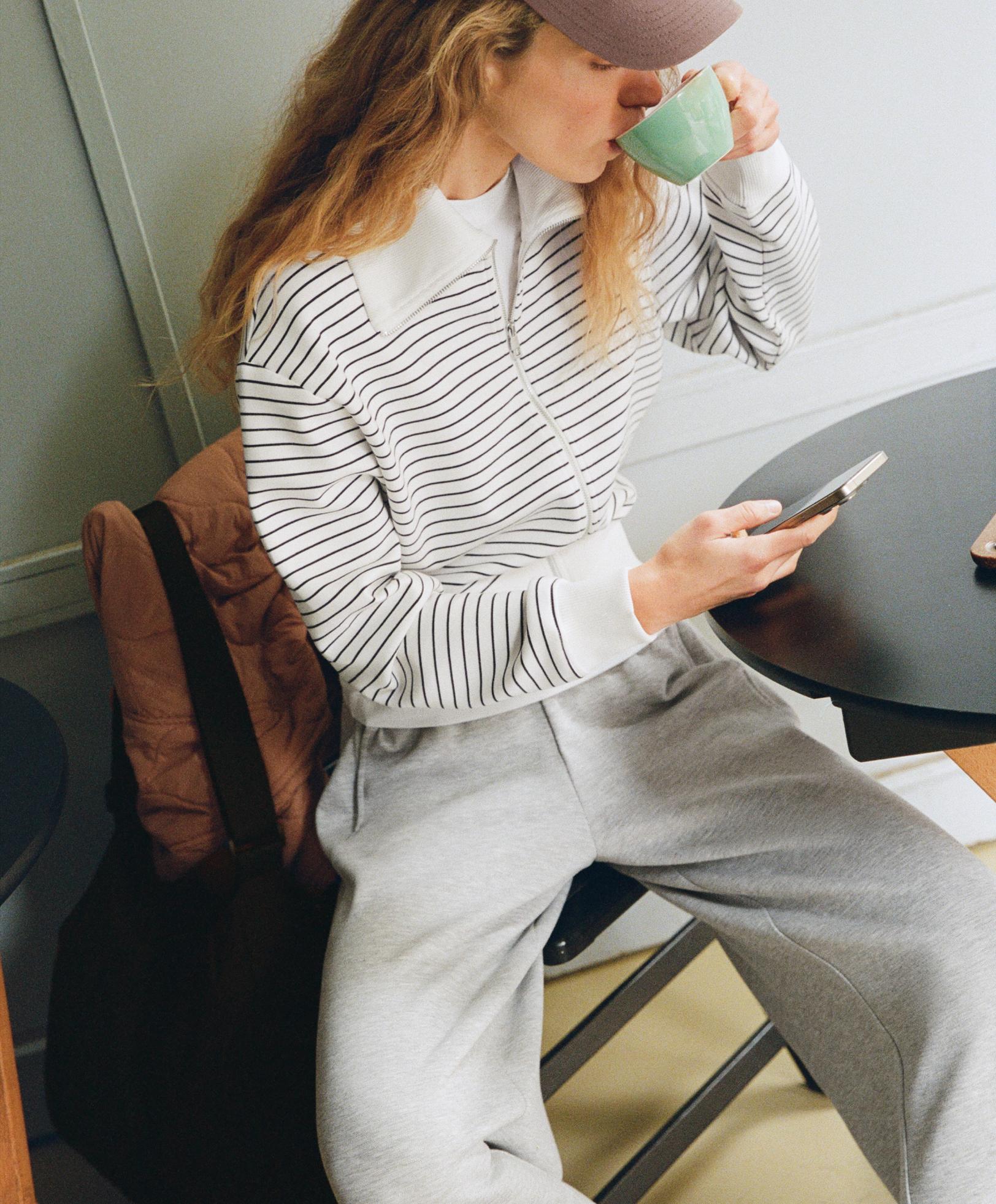 Striped rib neck jacket with cotton — PALE ECRU
