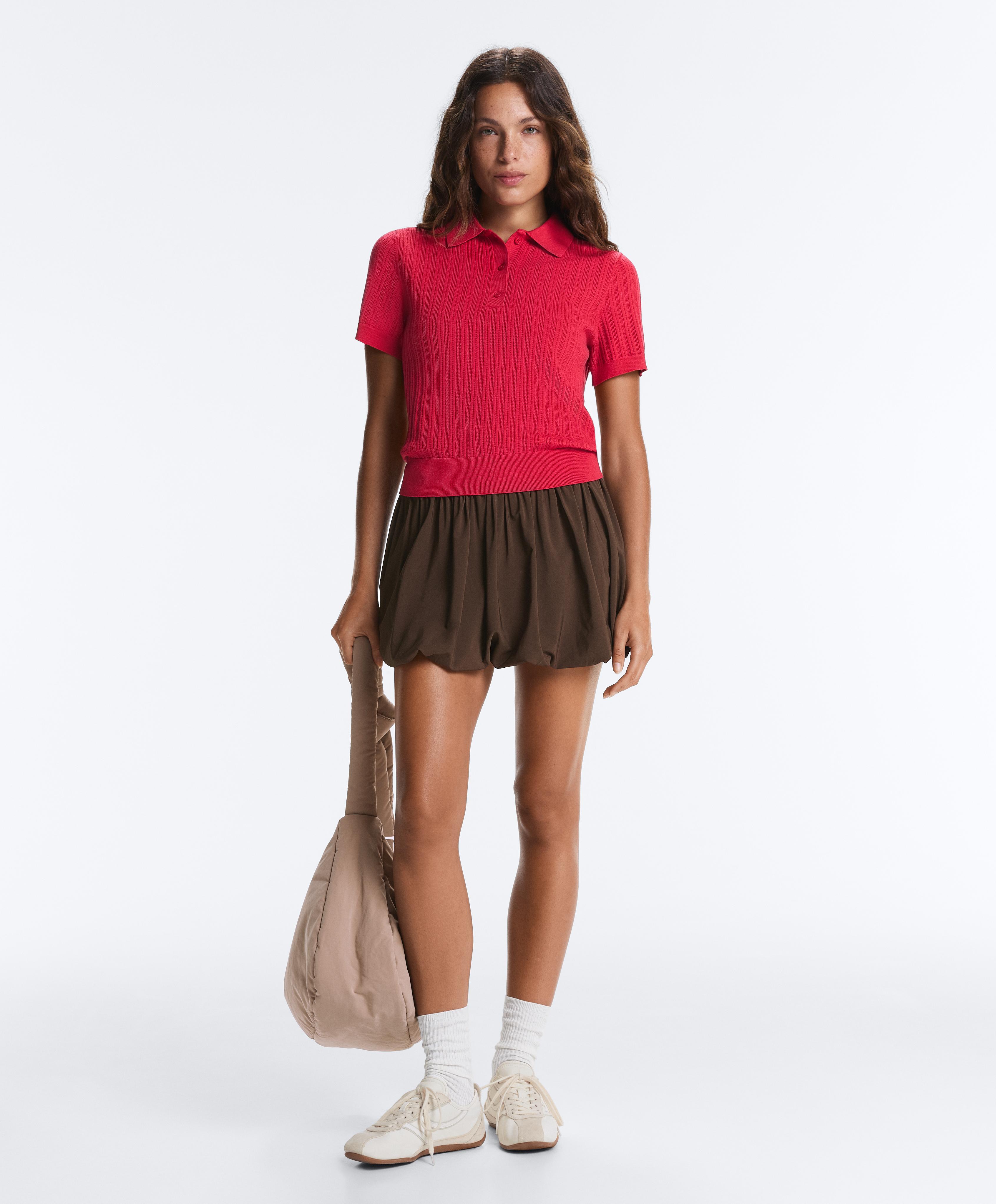 Short sleeve open knit polo shirt — RED