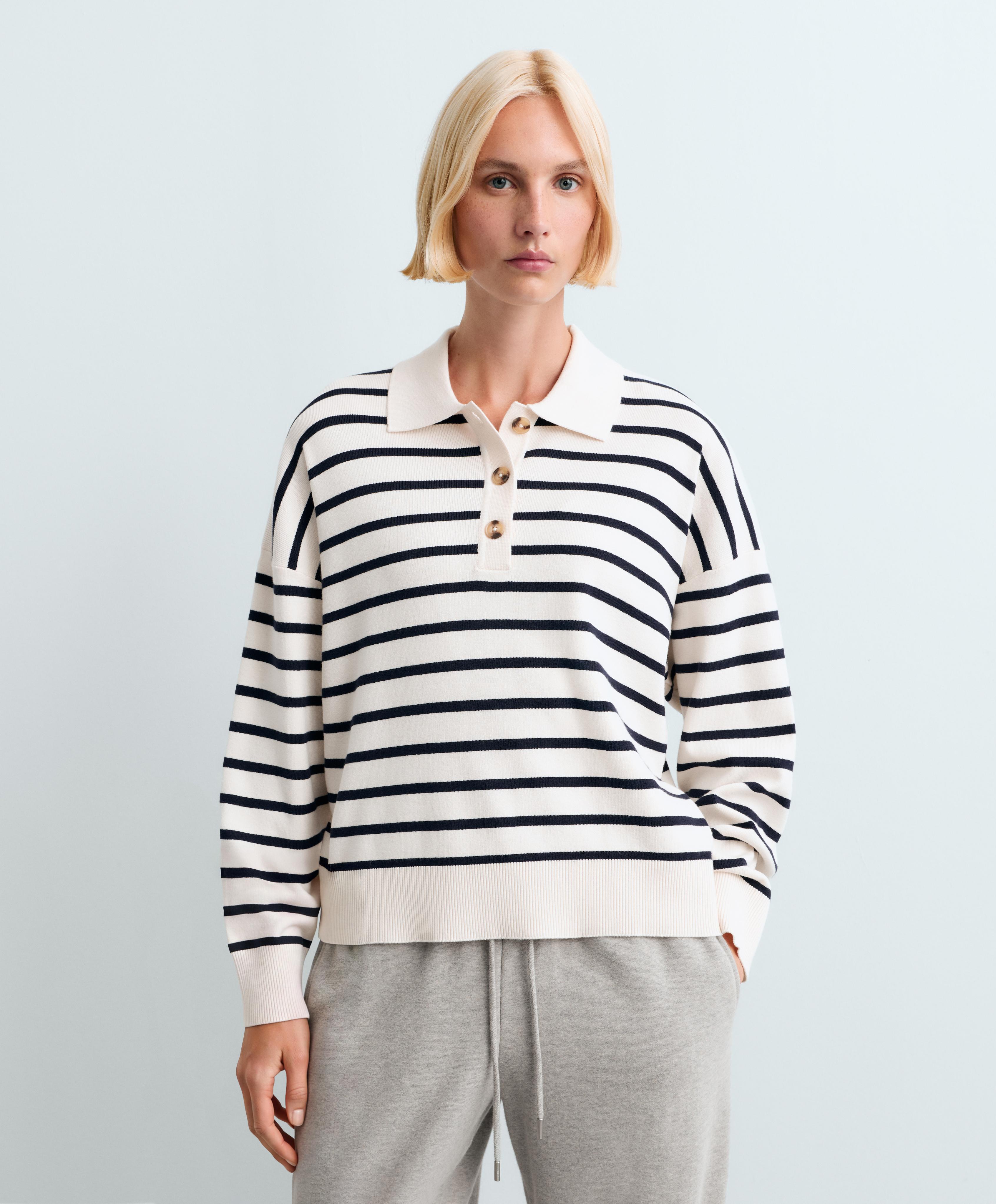 Striped knit polo jumper — PALE ECRU