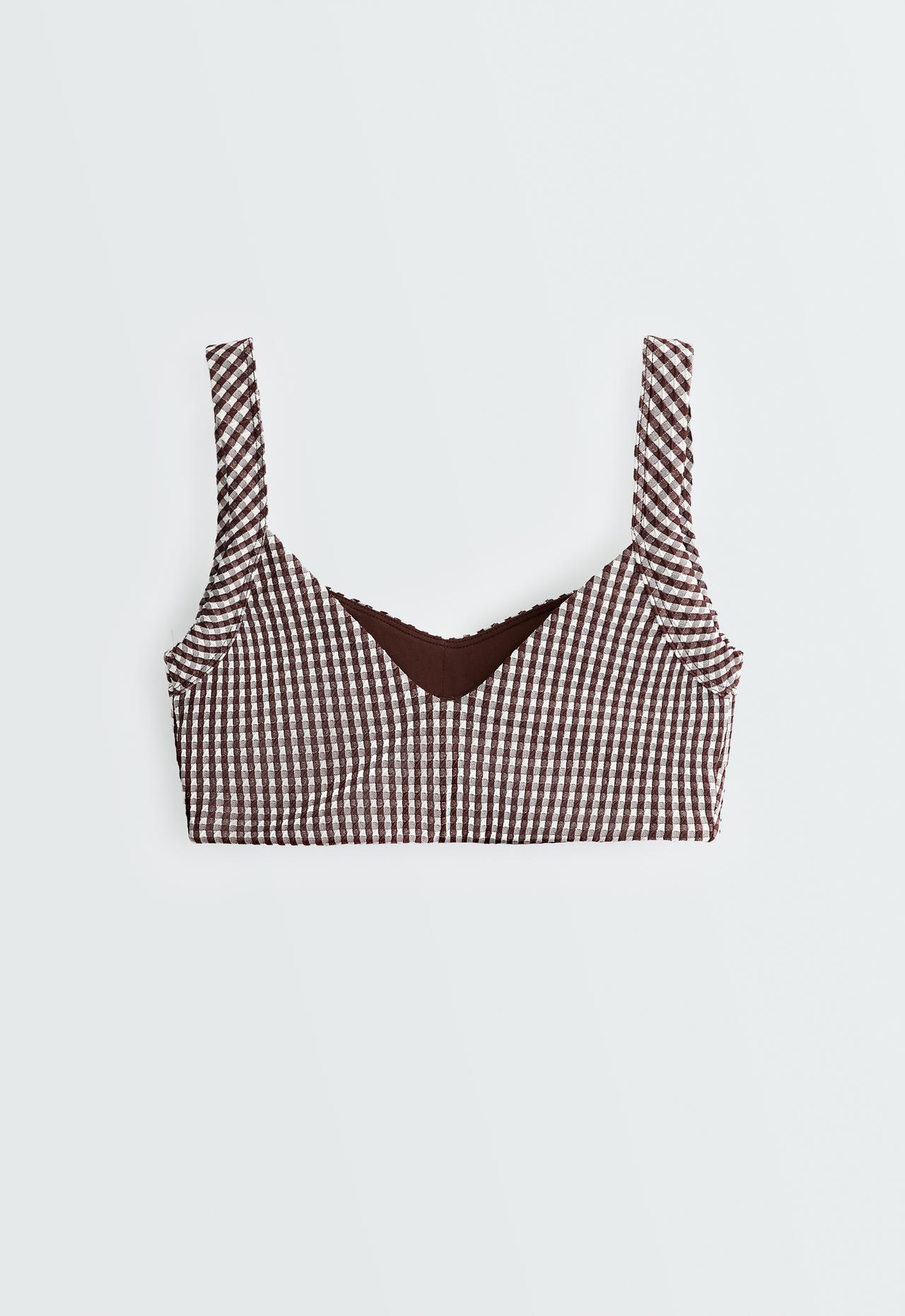 Medium-support gingham sports bra — DARK REDDISH‑BROWN