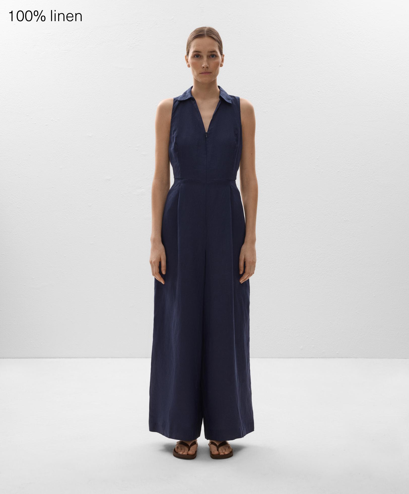 100% linen V-neck long jumpsuit