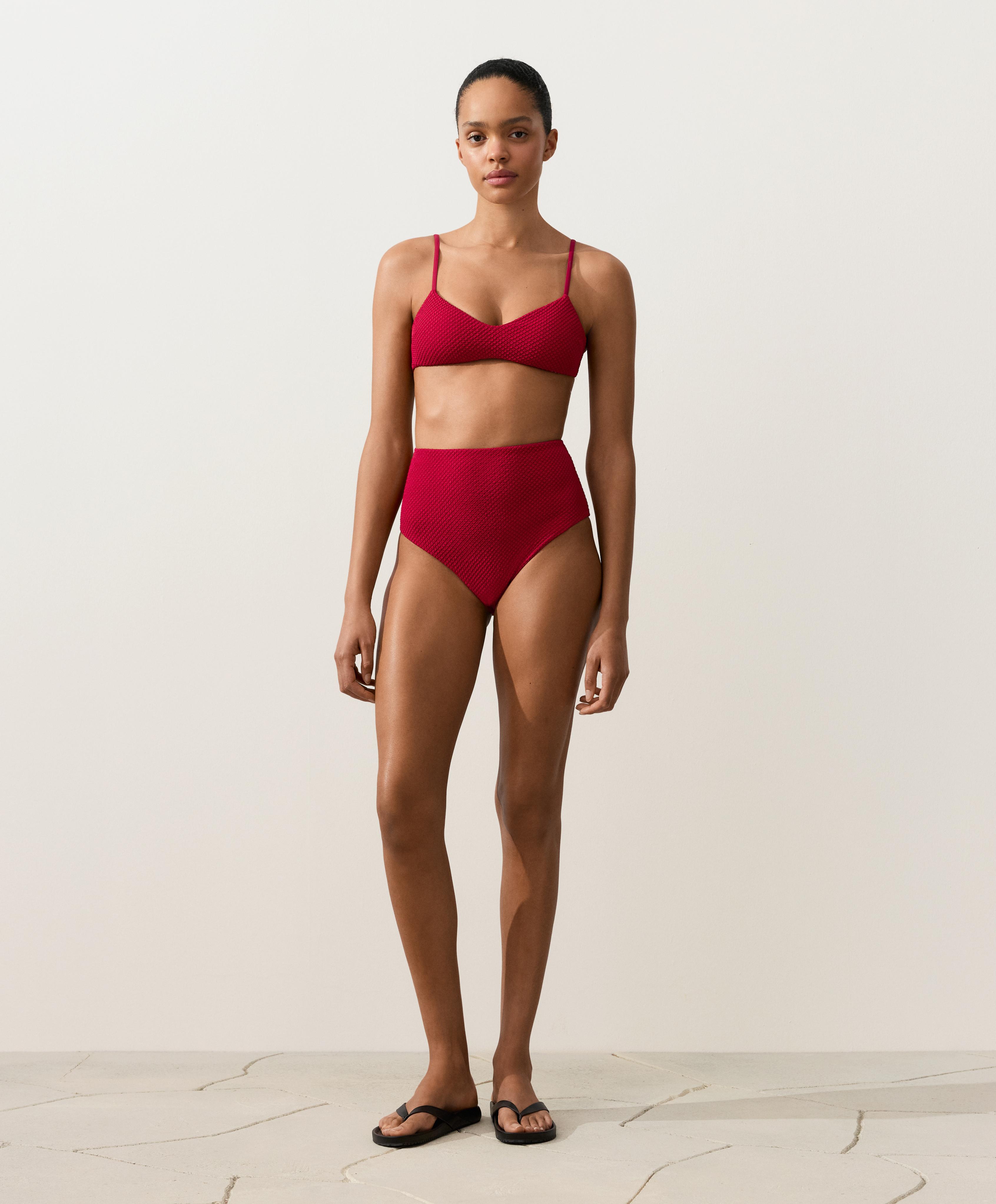 Waffle textured high-waisted bikini briefs — BRIGHT RED
