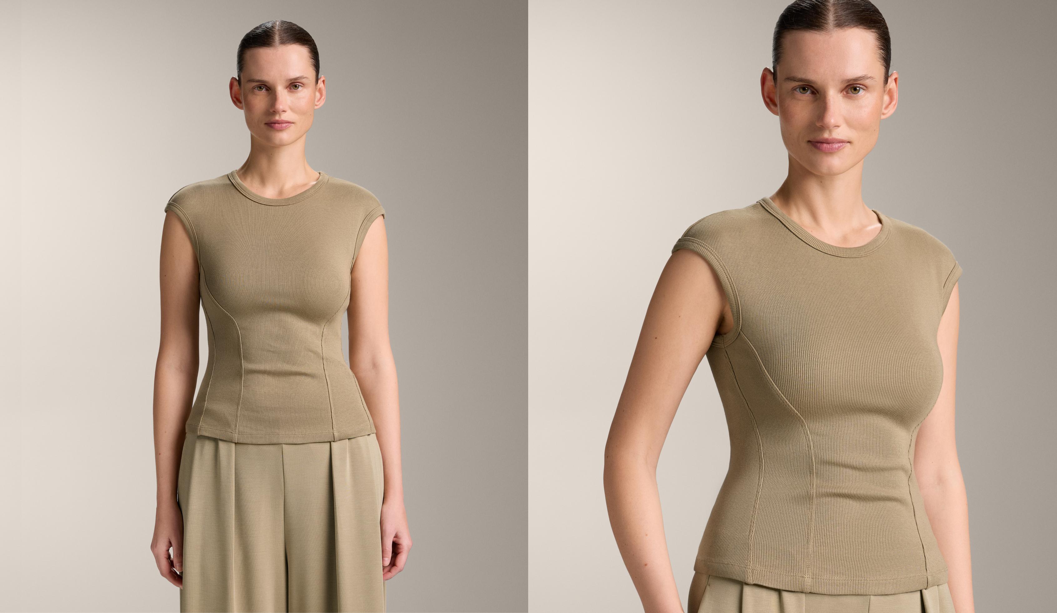 Short-sleeved rib top with cotton and modal — GREEN BEIGE
