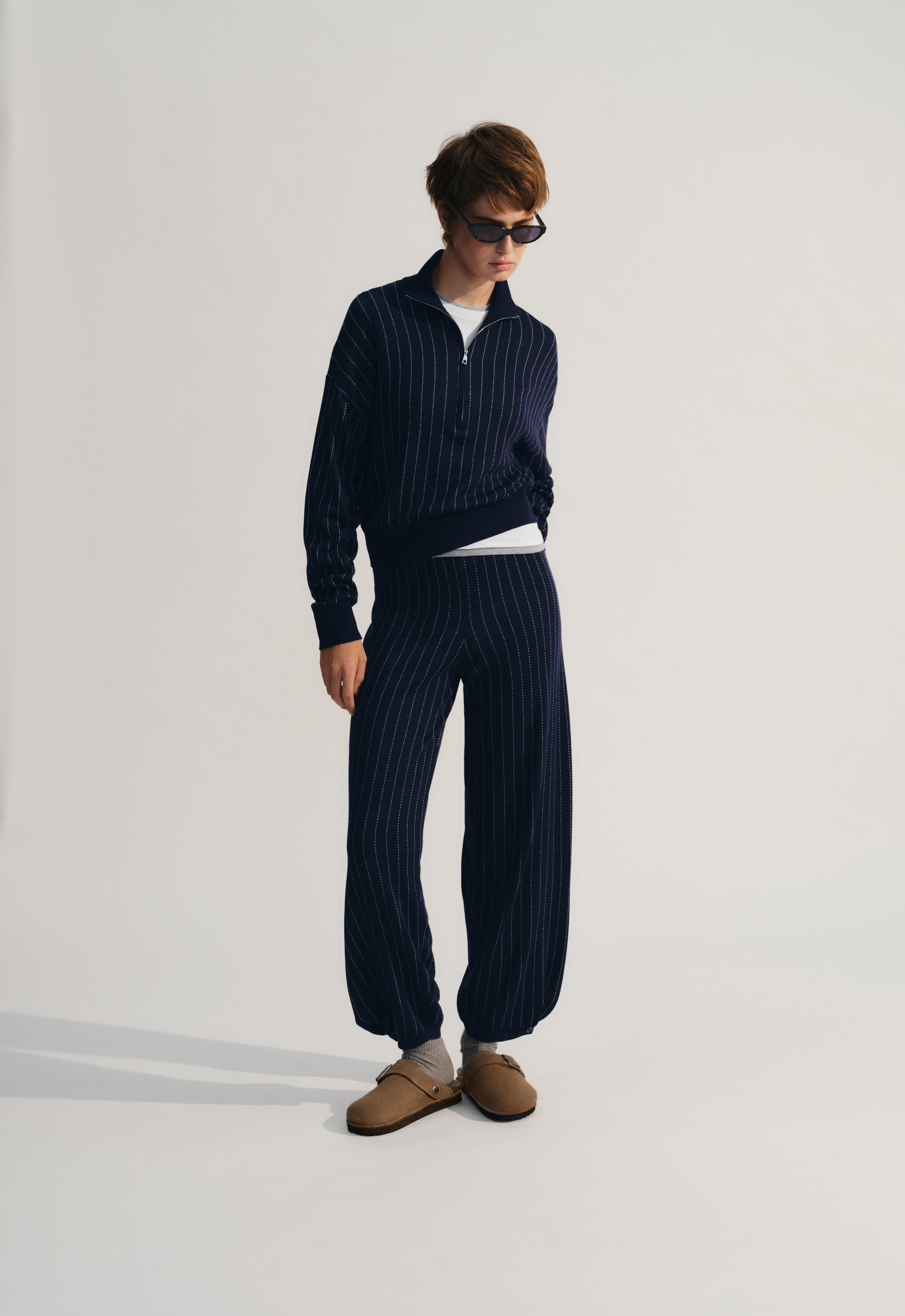 Pinstripe knit cocoon trousers — NAVY BLUE