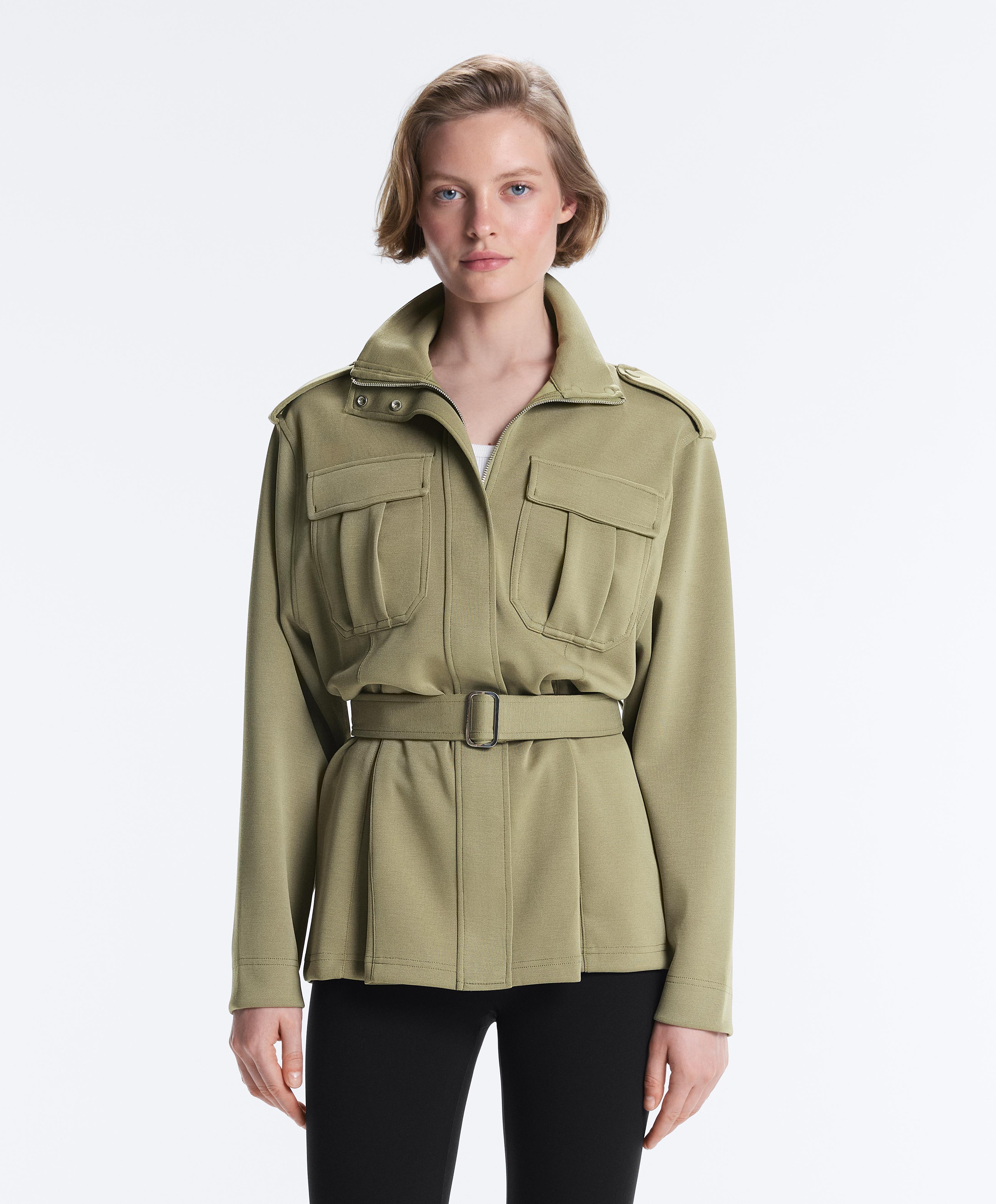 Long utility pique jacket with belt — YELLOW GREEN