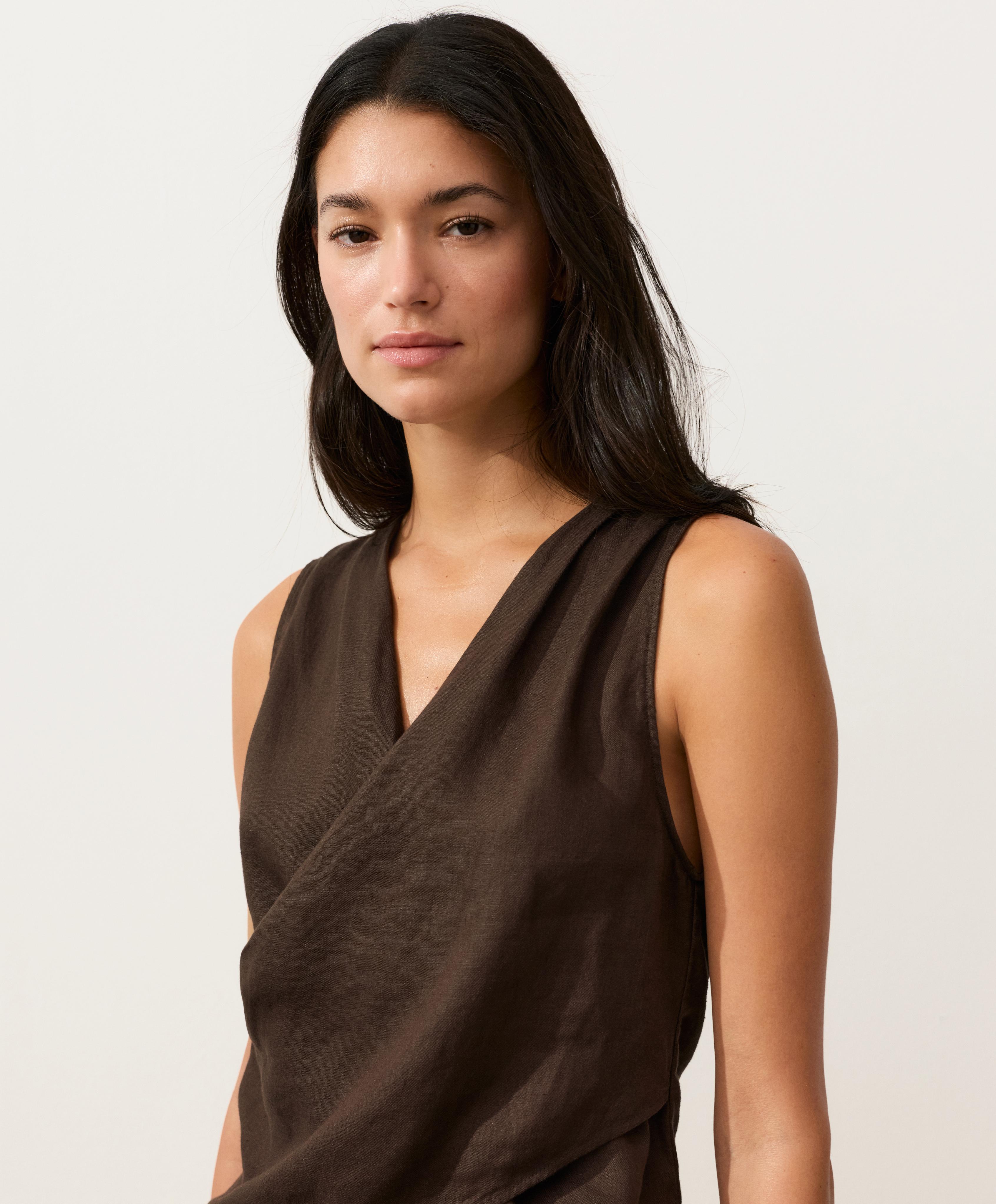 100% linen crossover top — DARK BROWN