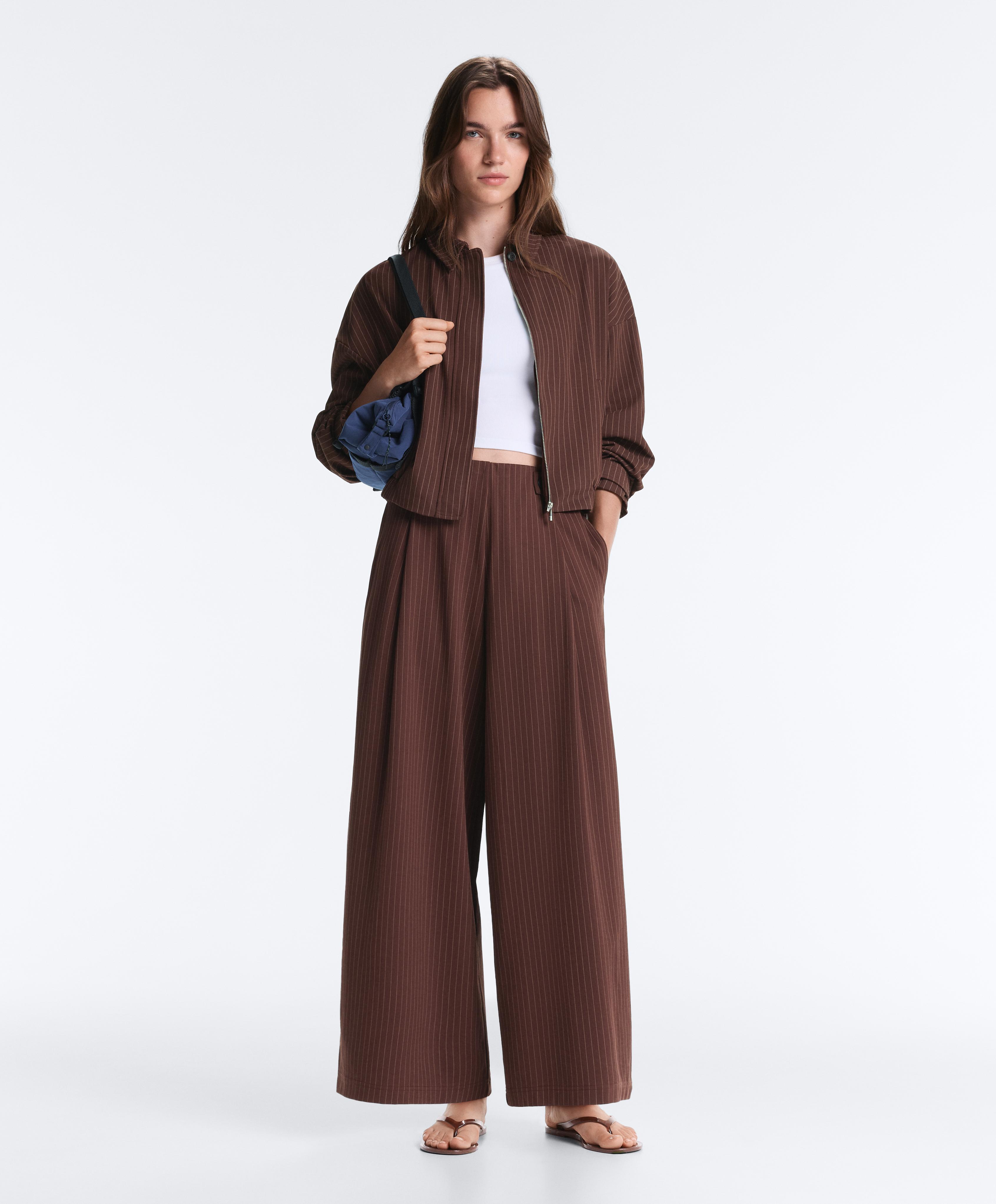 Wide-leg piqué pinstripe cotton trousers — CHOCOLATE