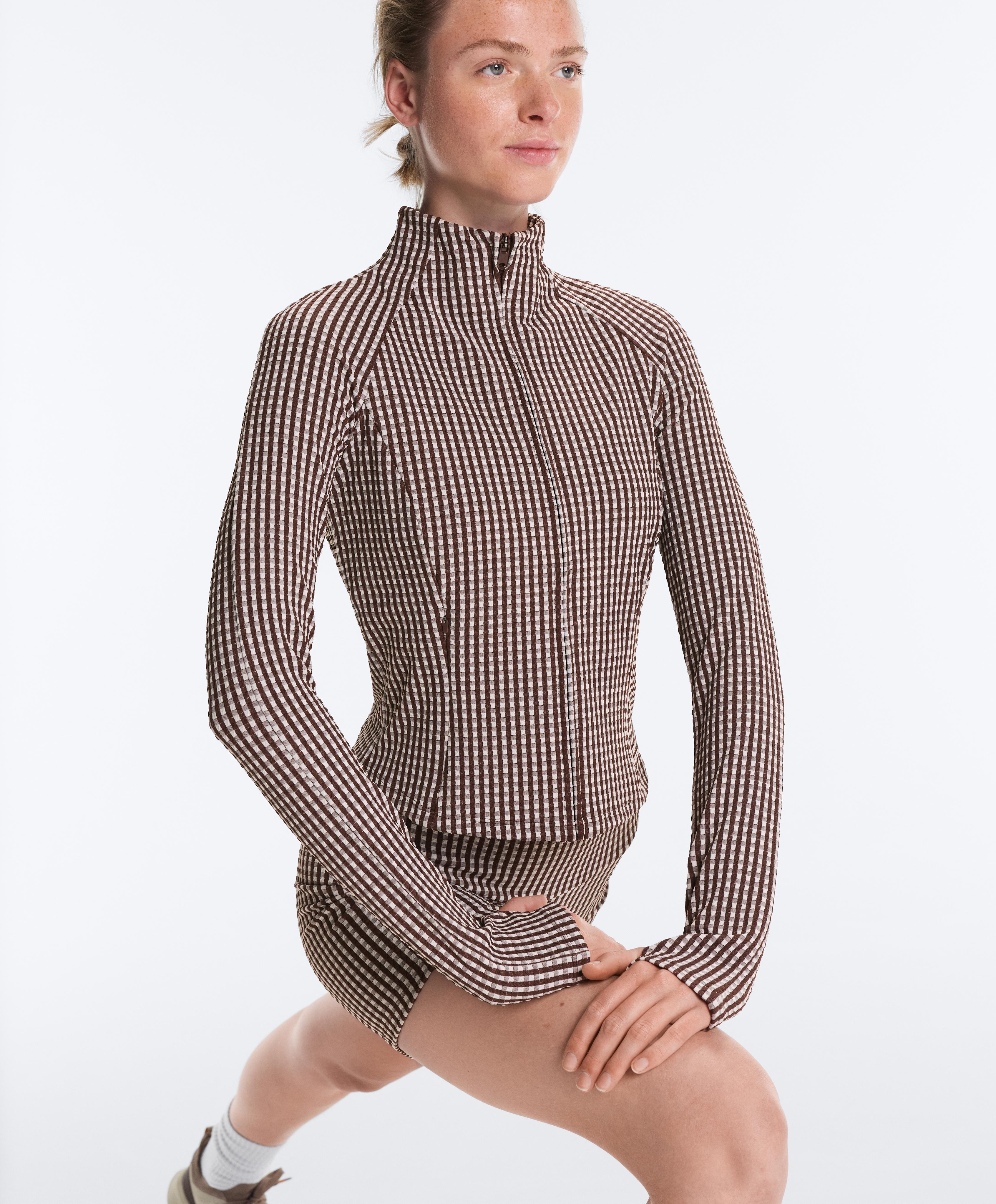 Gingham technical jacket — DARK REDDISH‑BROWN