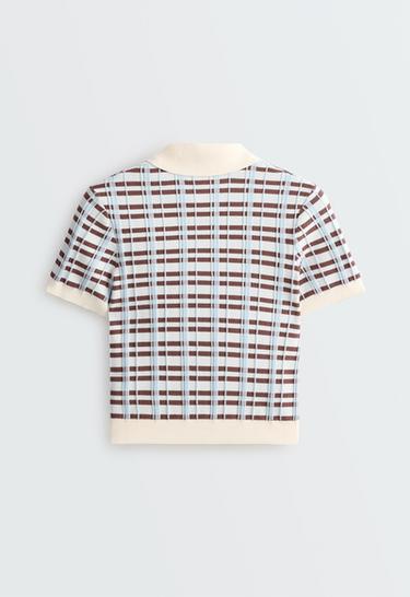Knit short sleeve checked polo shirt — PALE ECRU 6