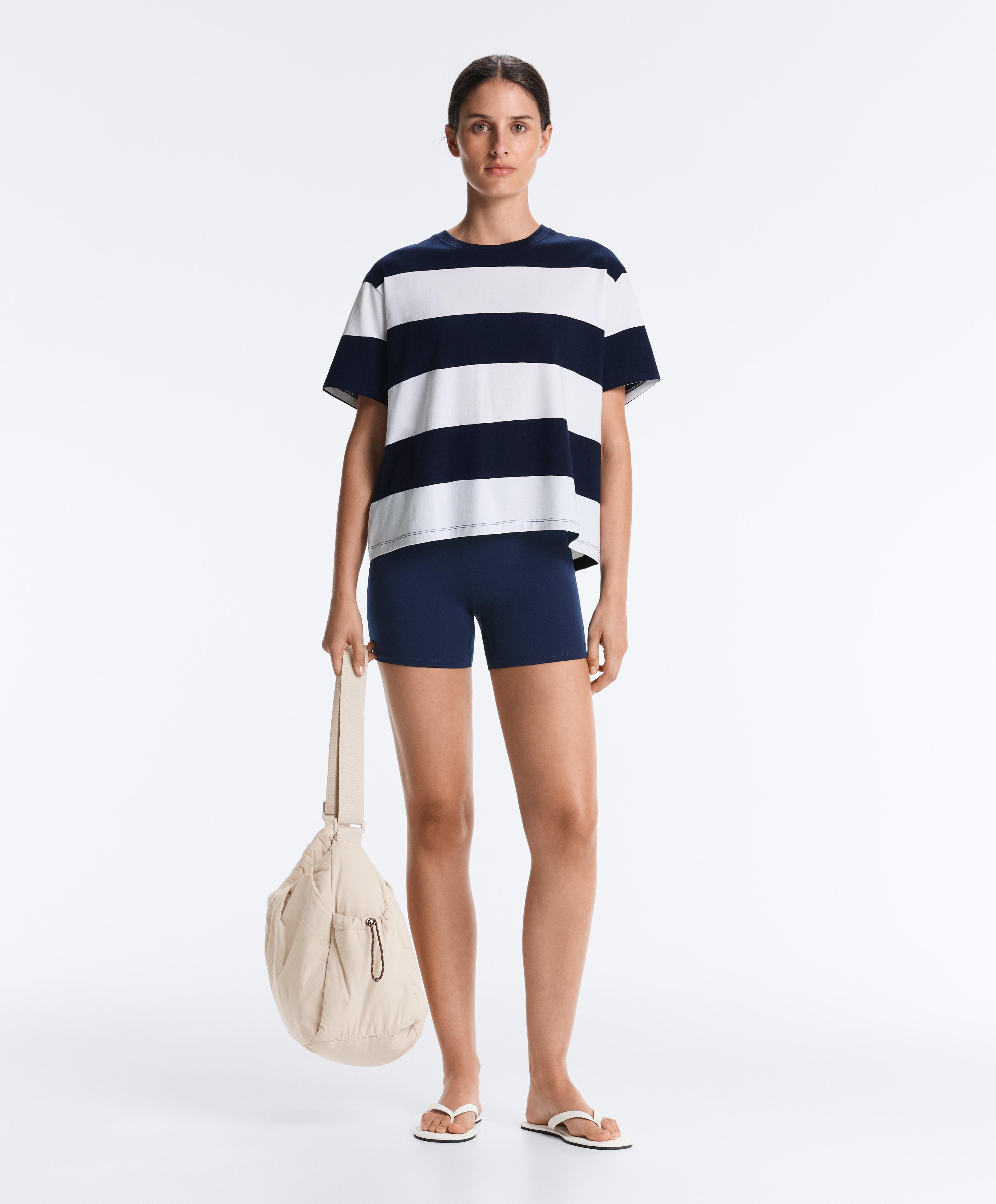 Boxy cotton-blend T-shirt with wide stripes — NAVY BLUE