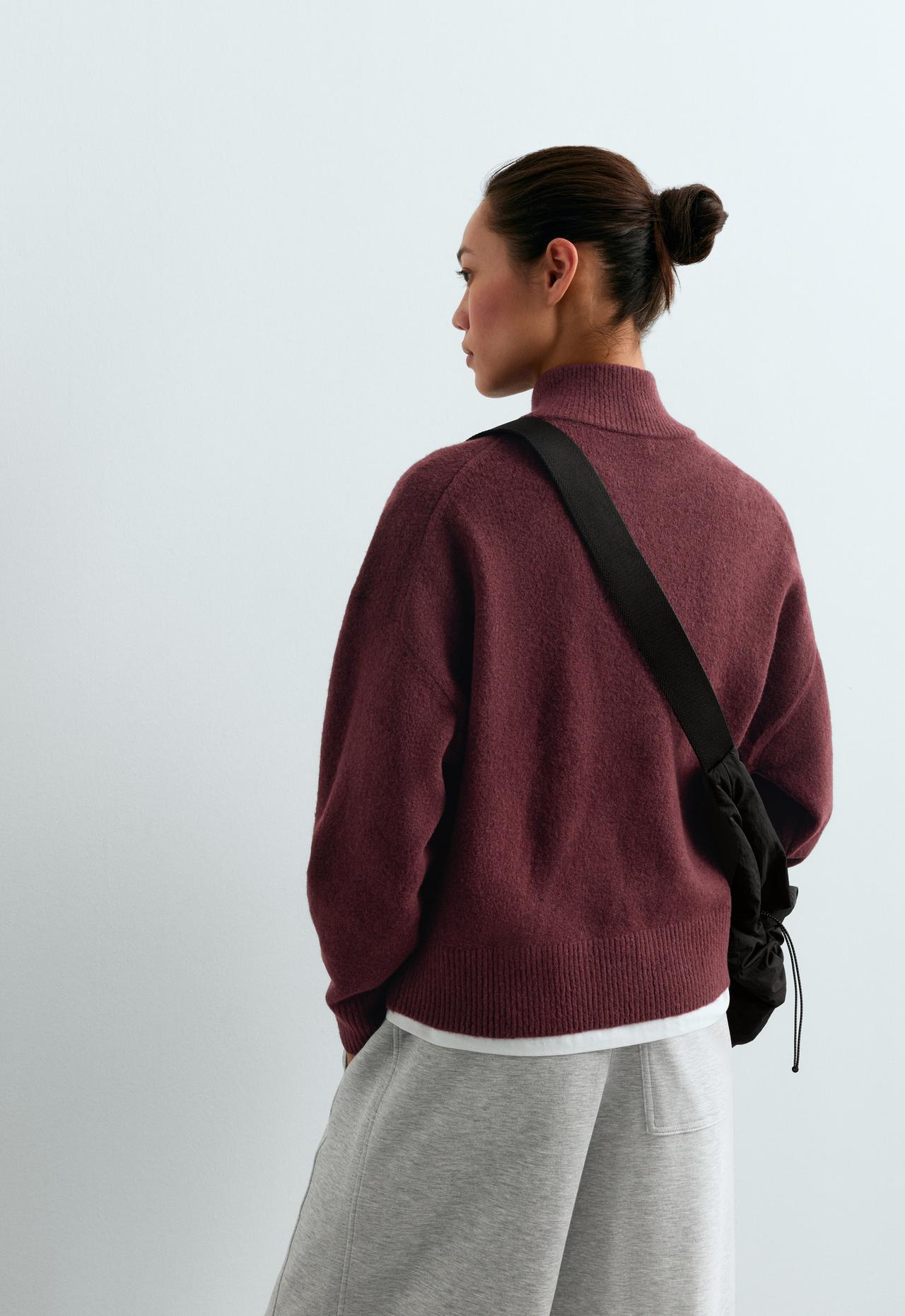 High-neck knit jumper with half-zip — BURGUNDY