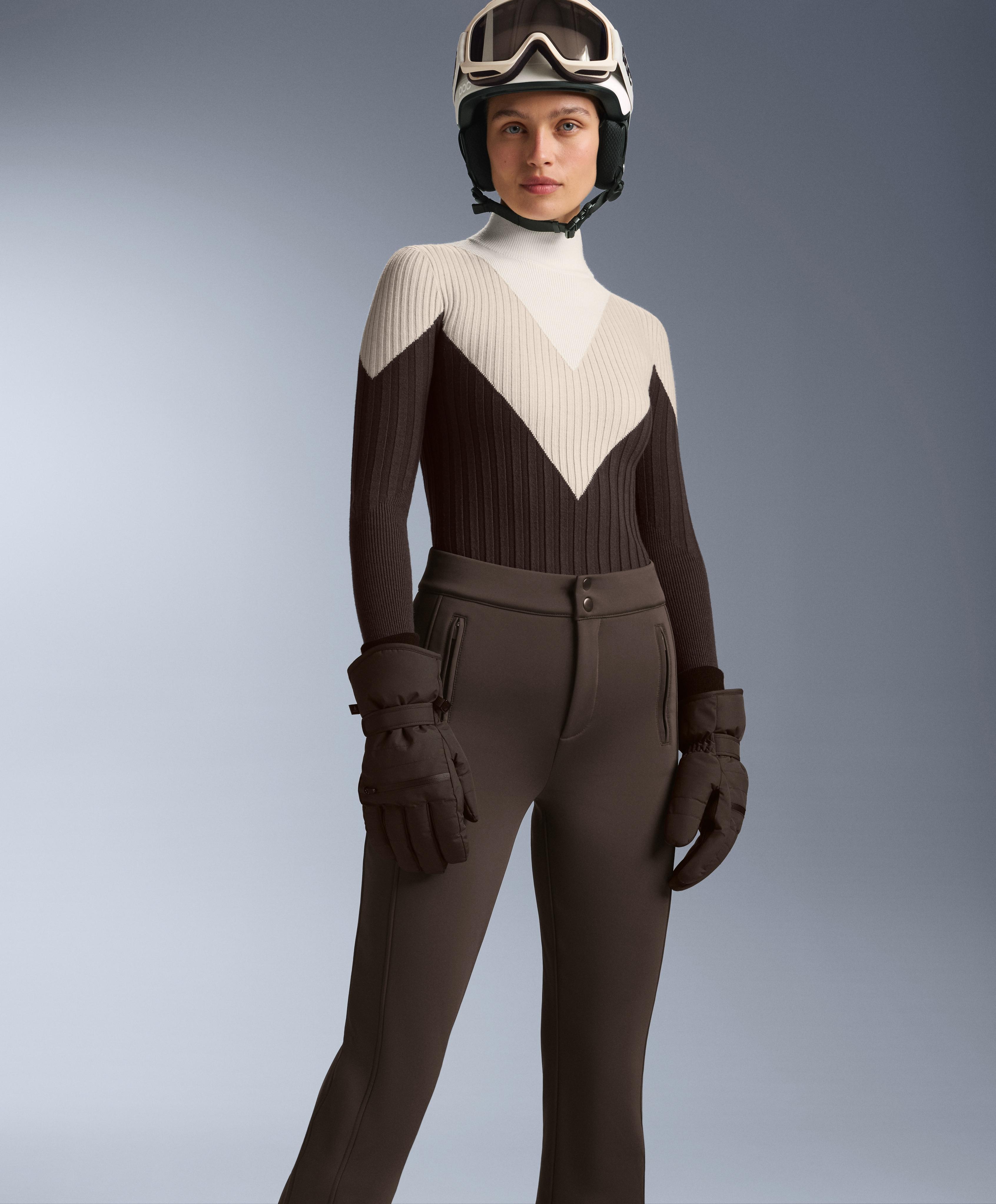 Thermal base layer rib knit T-shirt with contrasting high neck — DARK BROWN