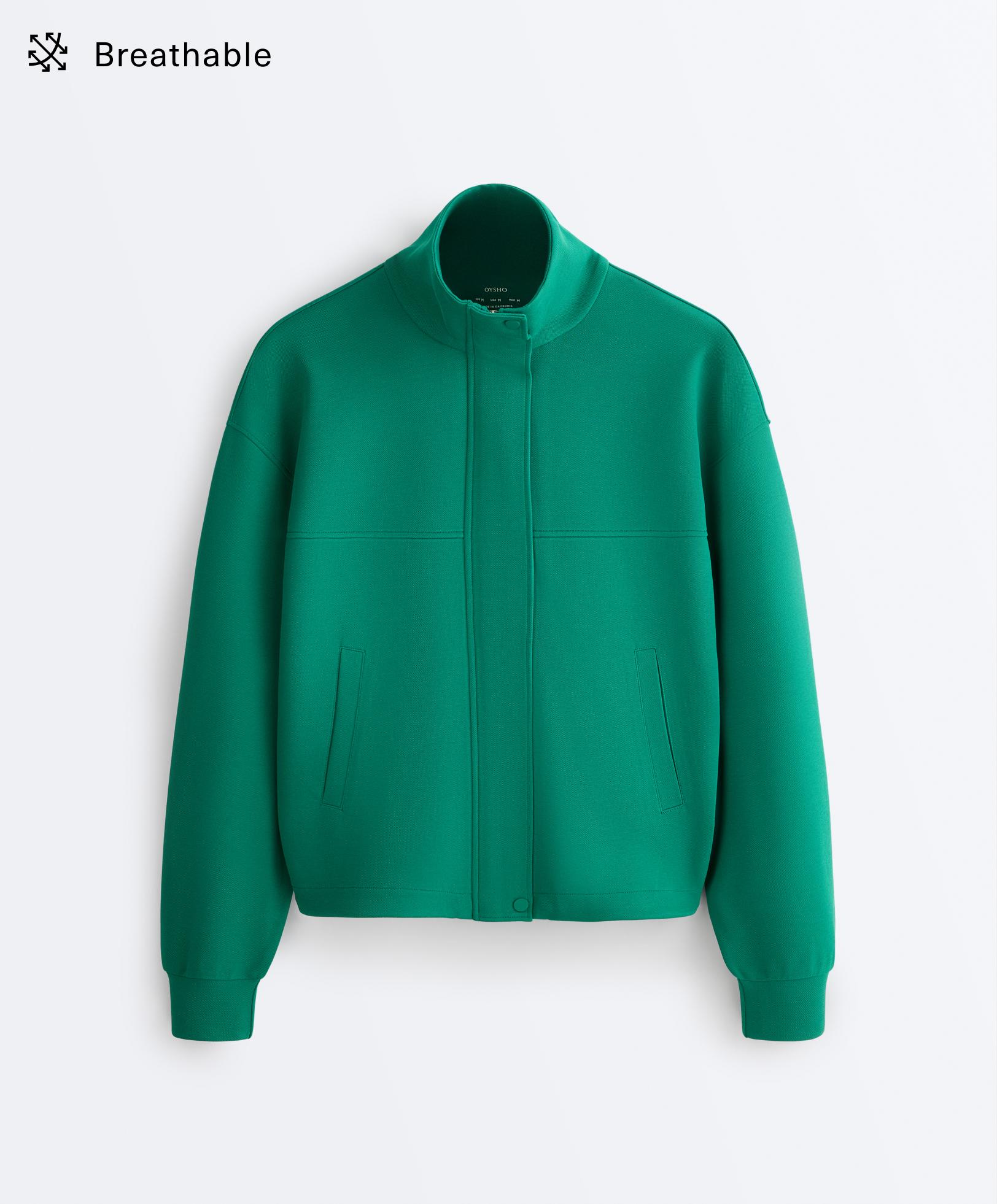 Cotton piqué jacket with raised neck — EMERALD GREEN