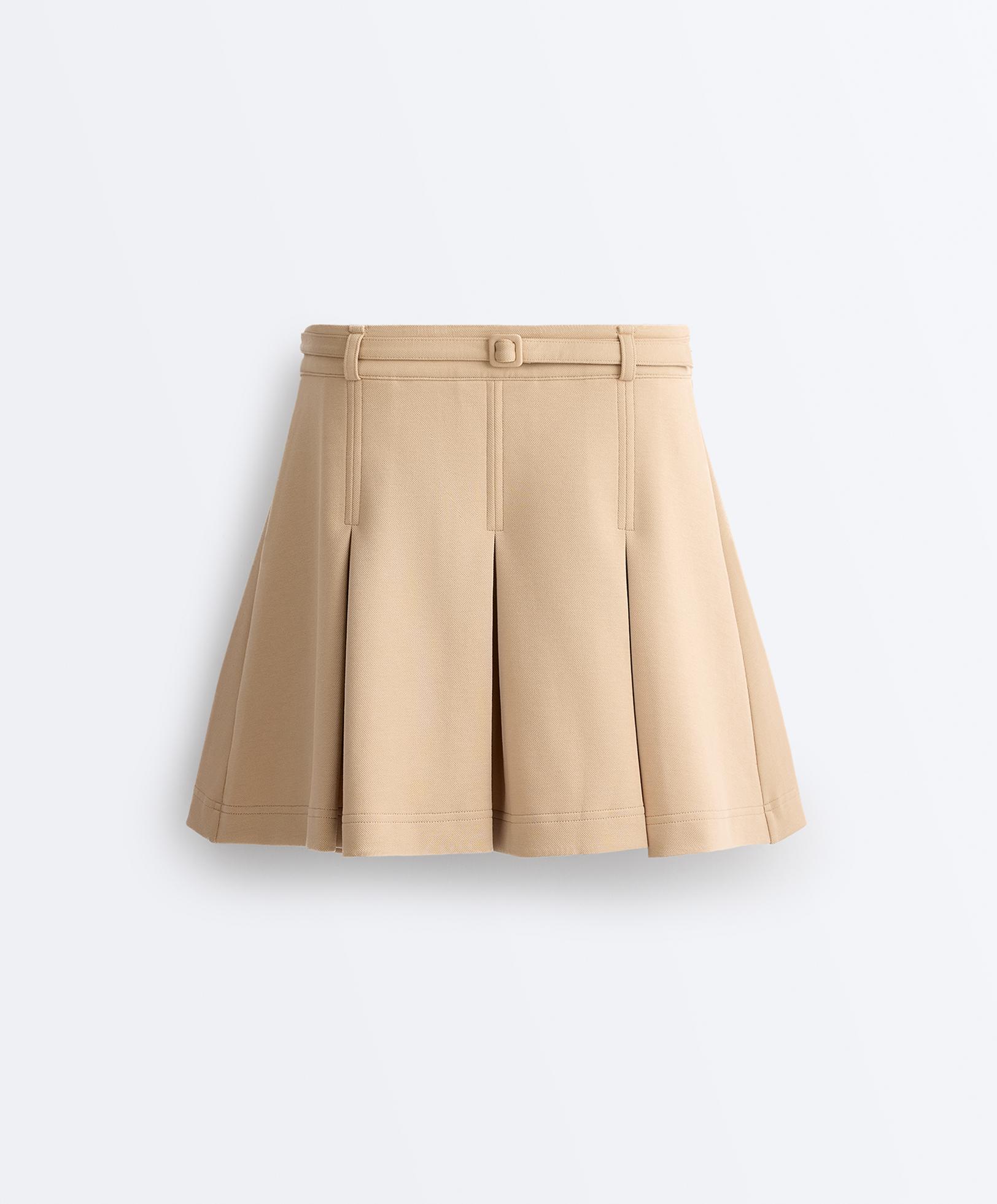 High-rise pleated short skirt with belt — BEIGE