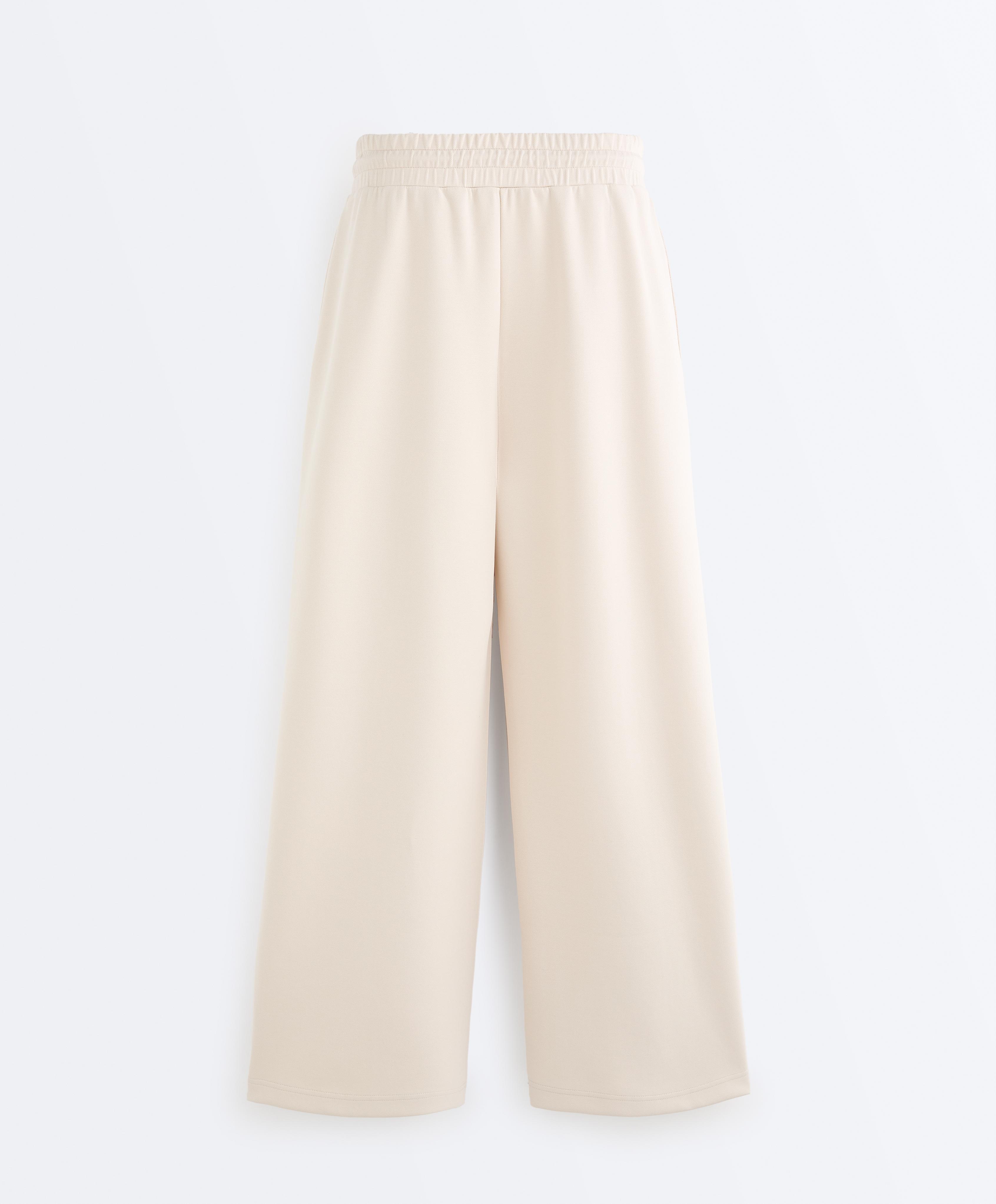 Cotton piqué straight-leg trousers with crease — PALE BEIGE