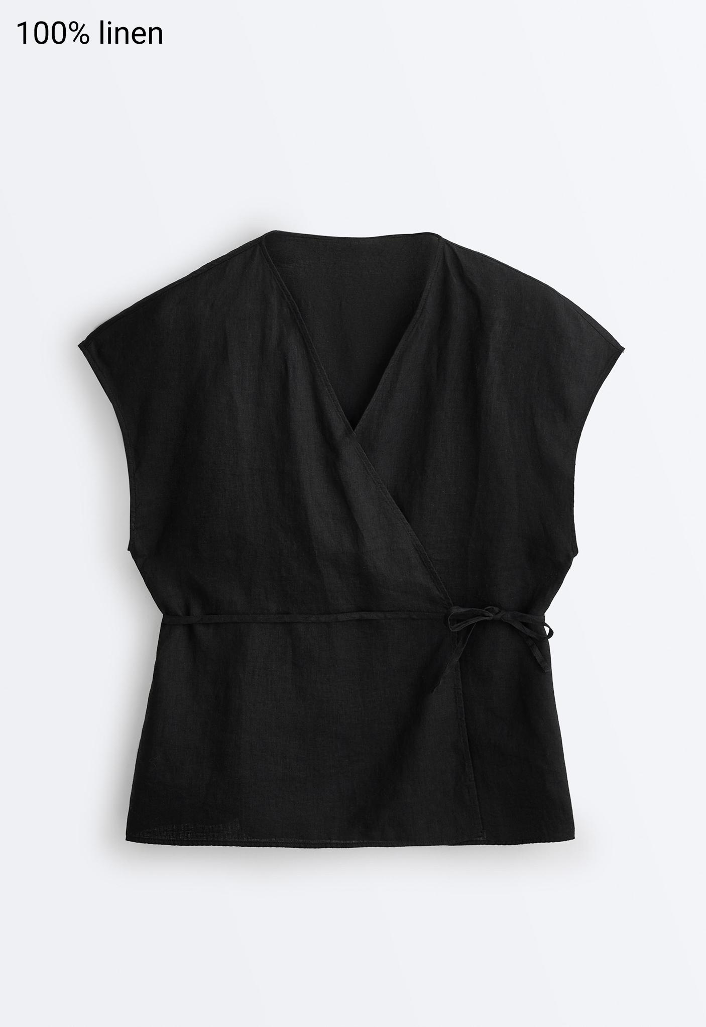 100% linen wrap shirt with tie — BLACK