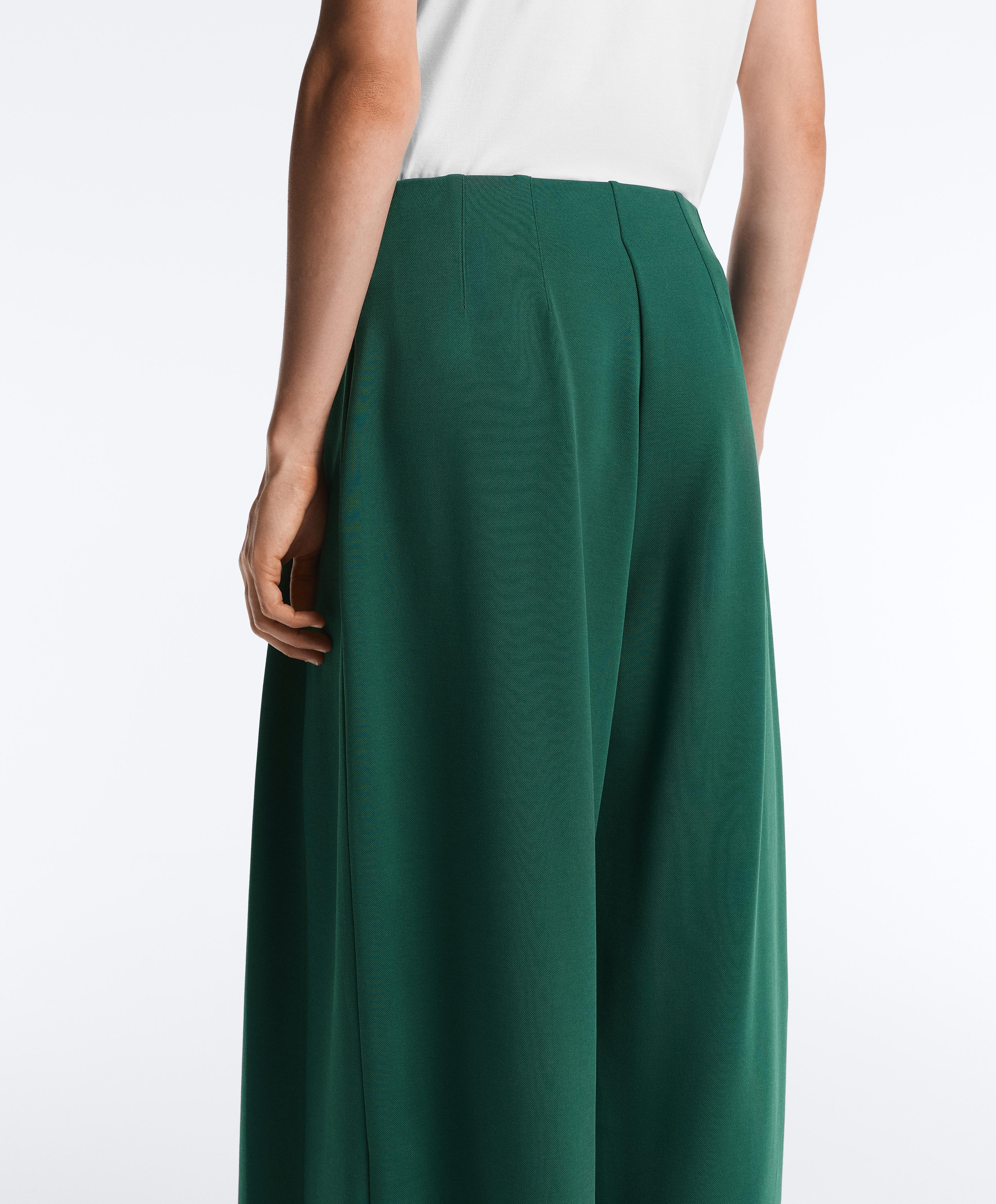 Cotton wide-leg pique trousers with pleats — DARK EMERALD