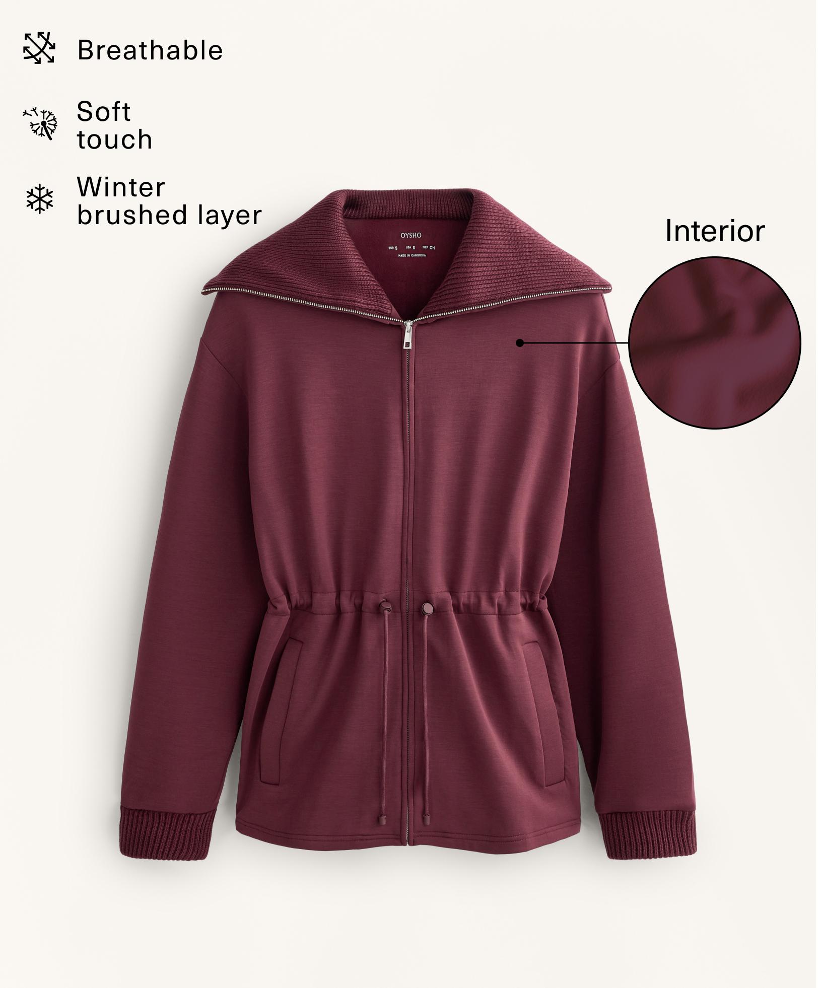 Adjustable waist knit collar jacket with brushed modal — MAROON