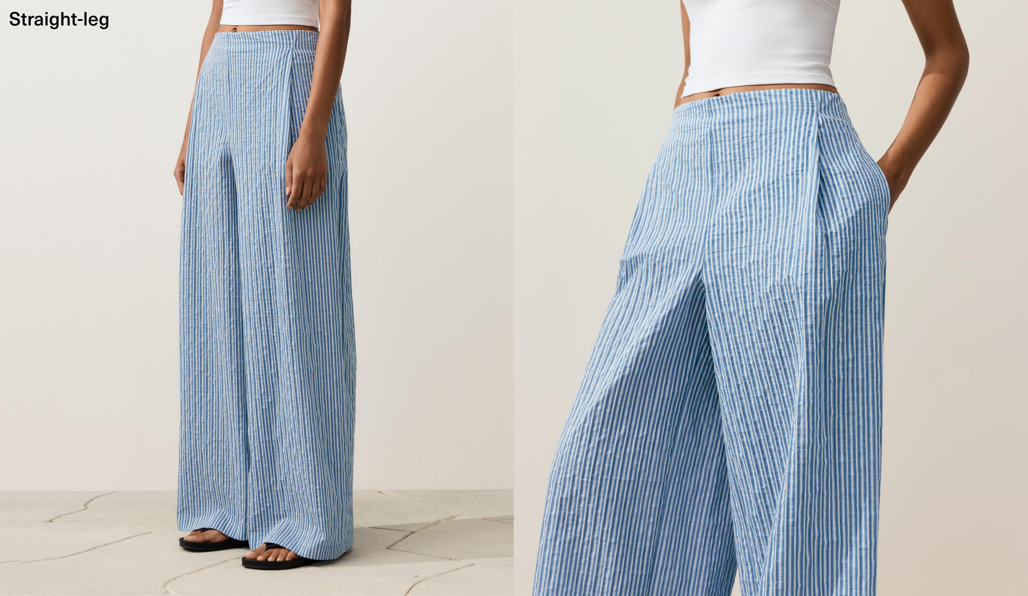 Cotton blend striped straight-leg trousers — MID-BLUE
