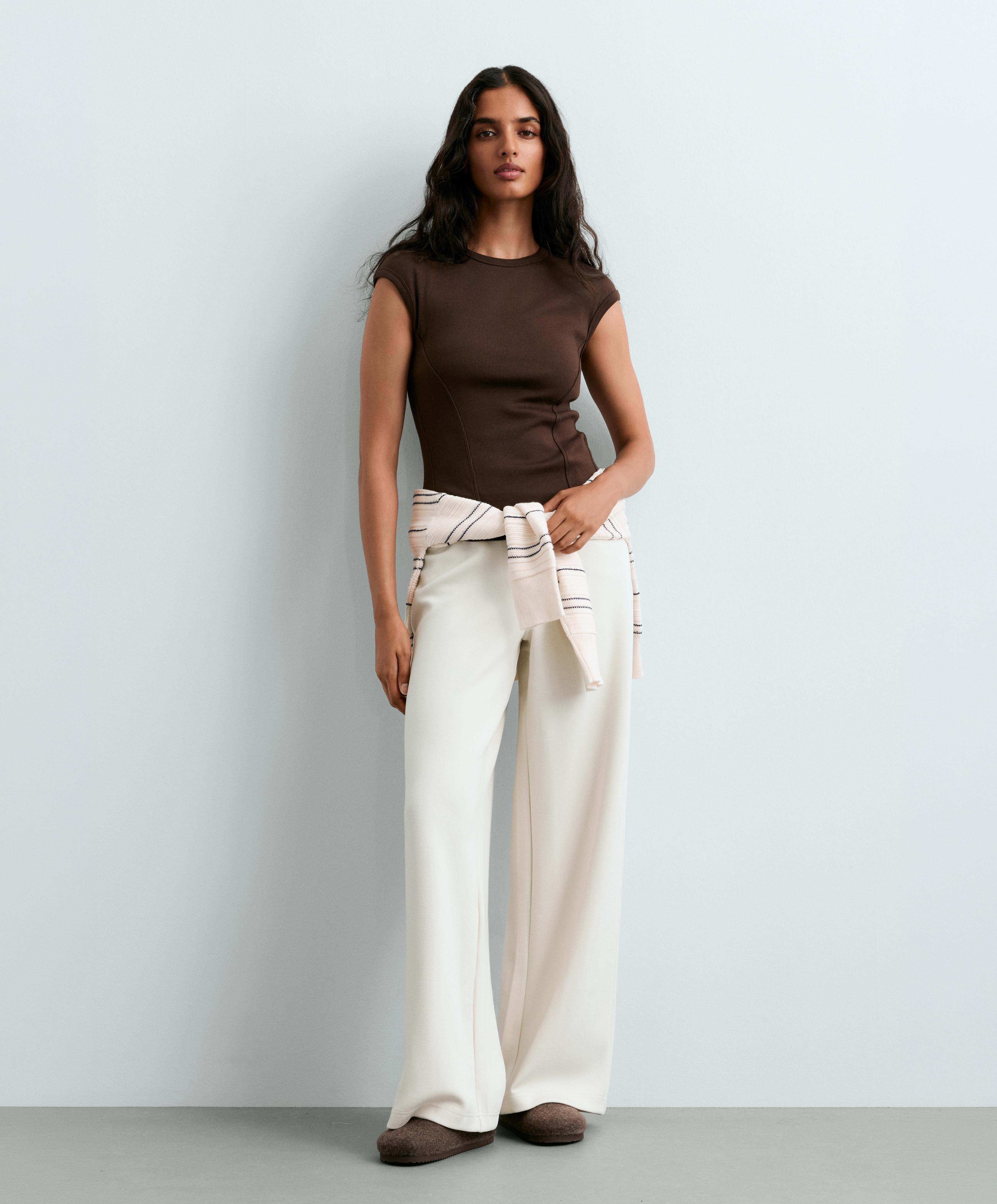 Short-sleeved rib top with cotton and modal — DARK BROWN