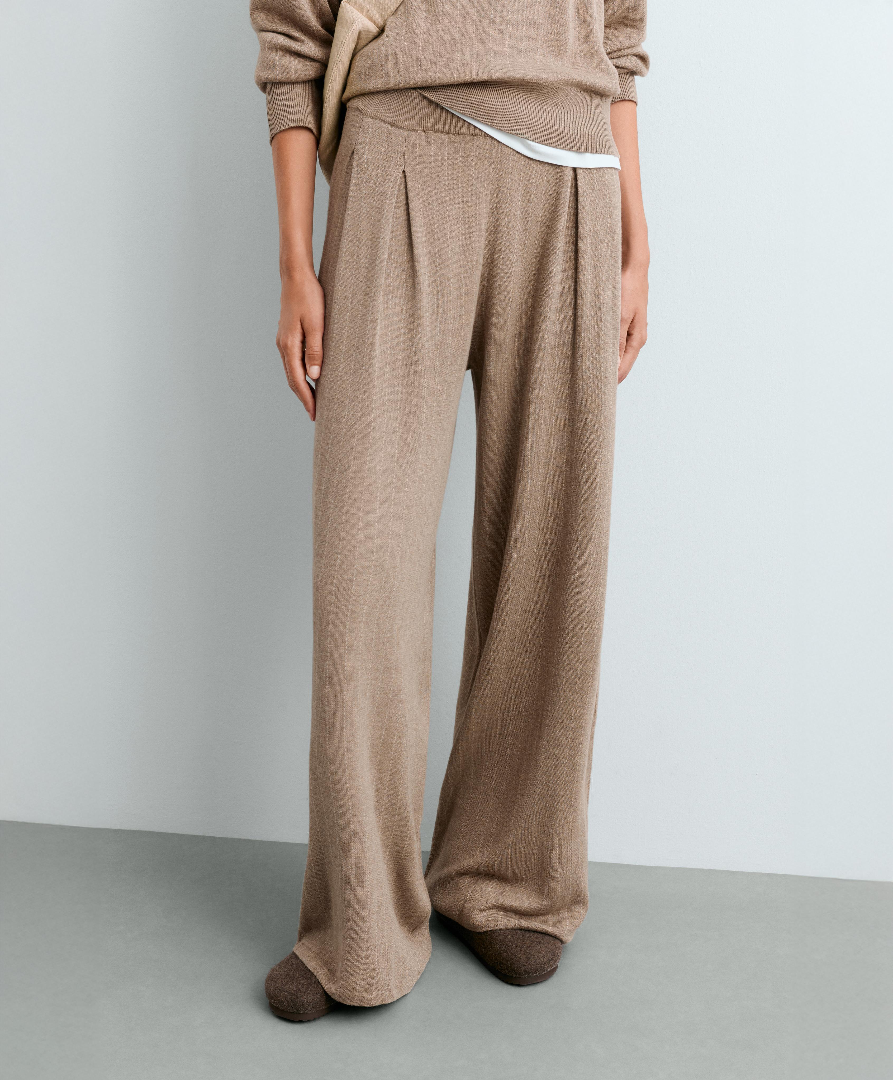 Wide-leg pinstripe knit trousers — DARK NOUGAT