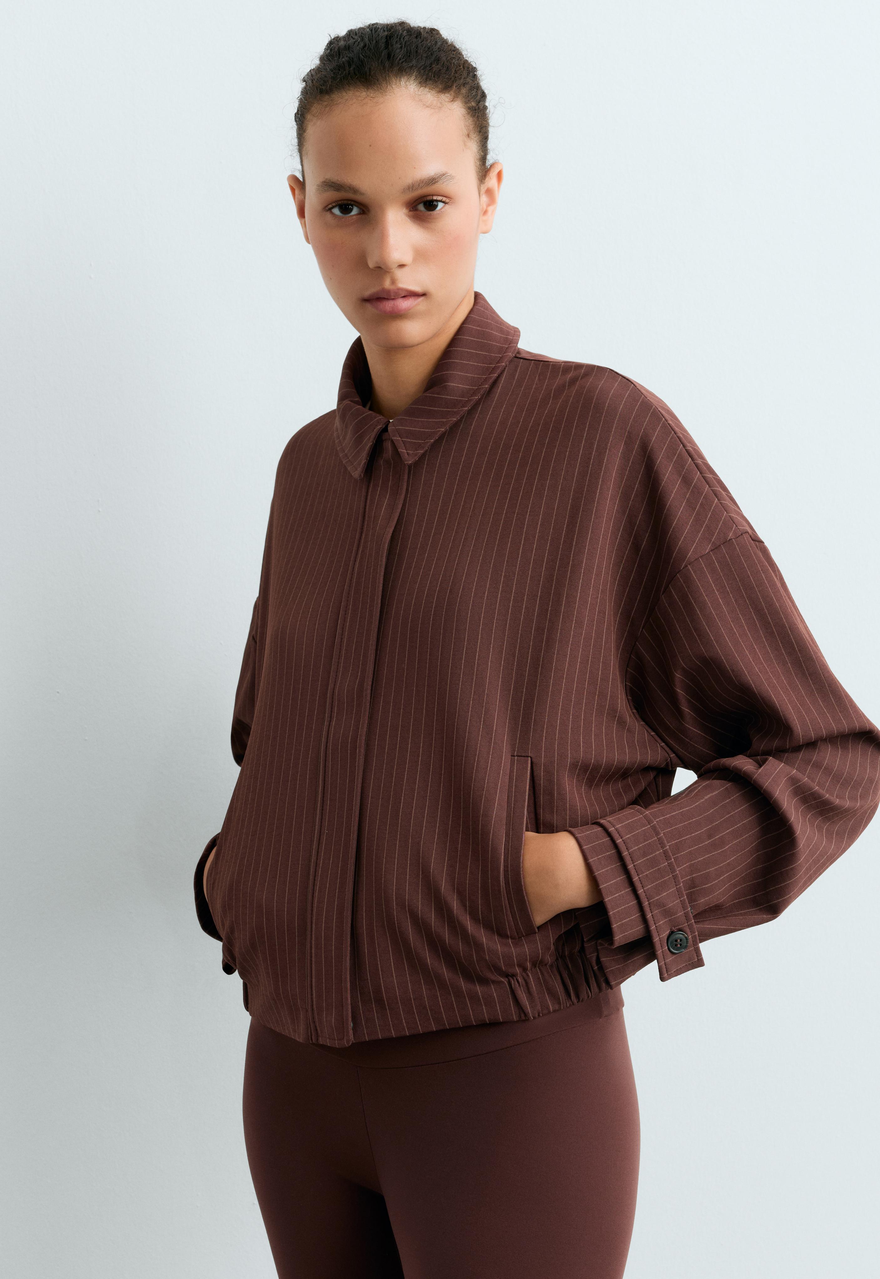 Pinstripe piqué polo neck jacket with cotton — CHOCOLATE