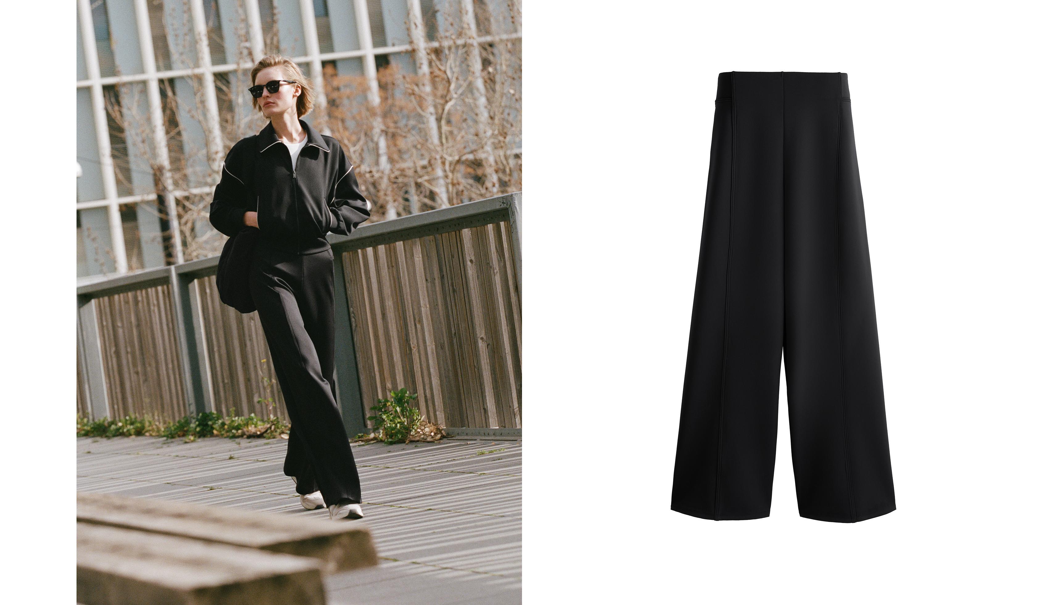 Neoprene effect high rise wide-leg trousers — BLACK