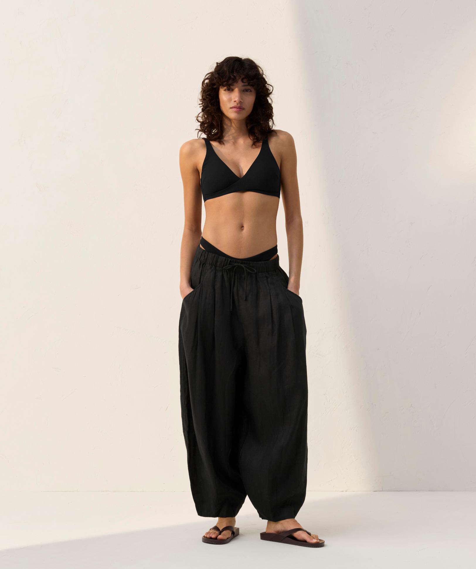 100% linen balloon trousers — BLACK