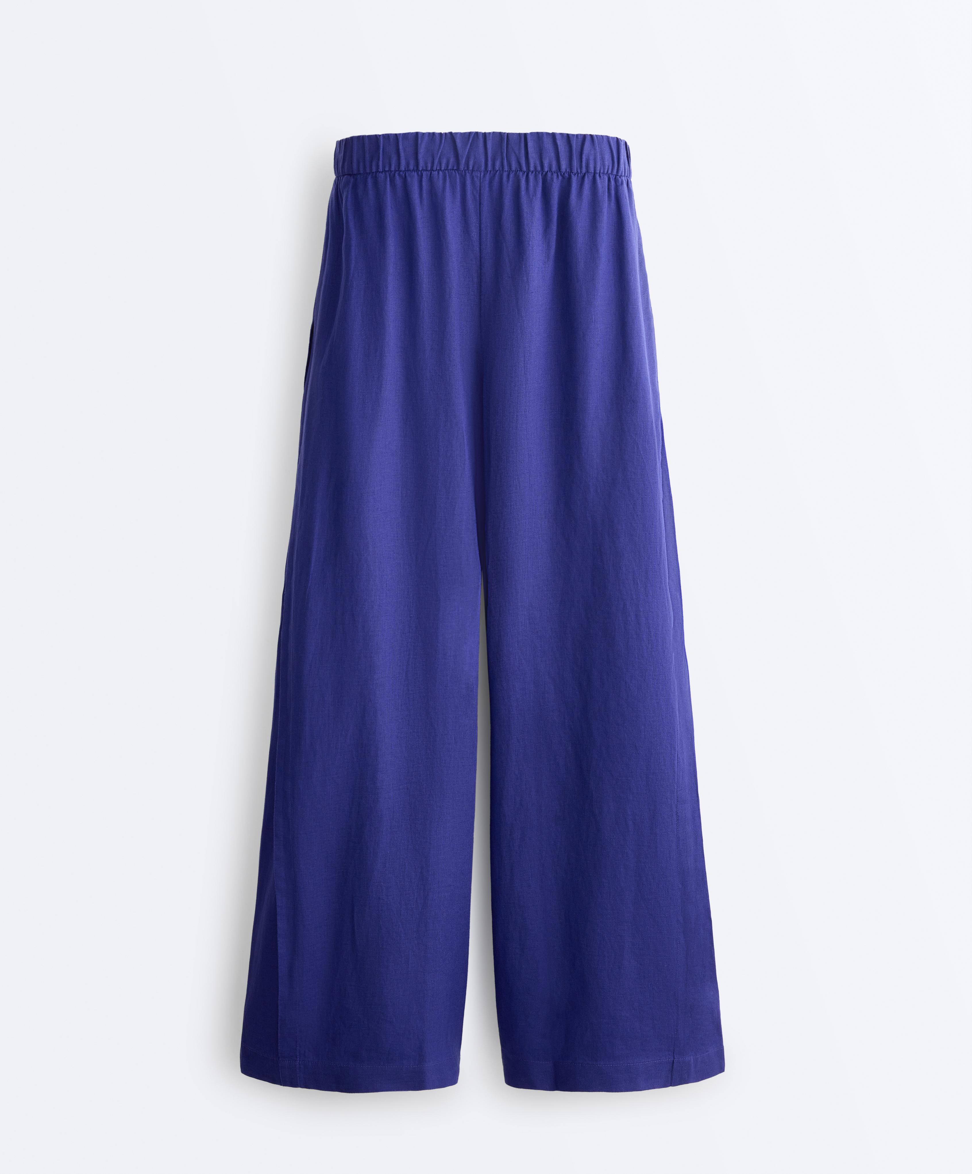 100% linen wide-leg trousers with side pleat — COBALT