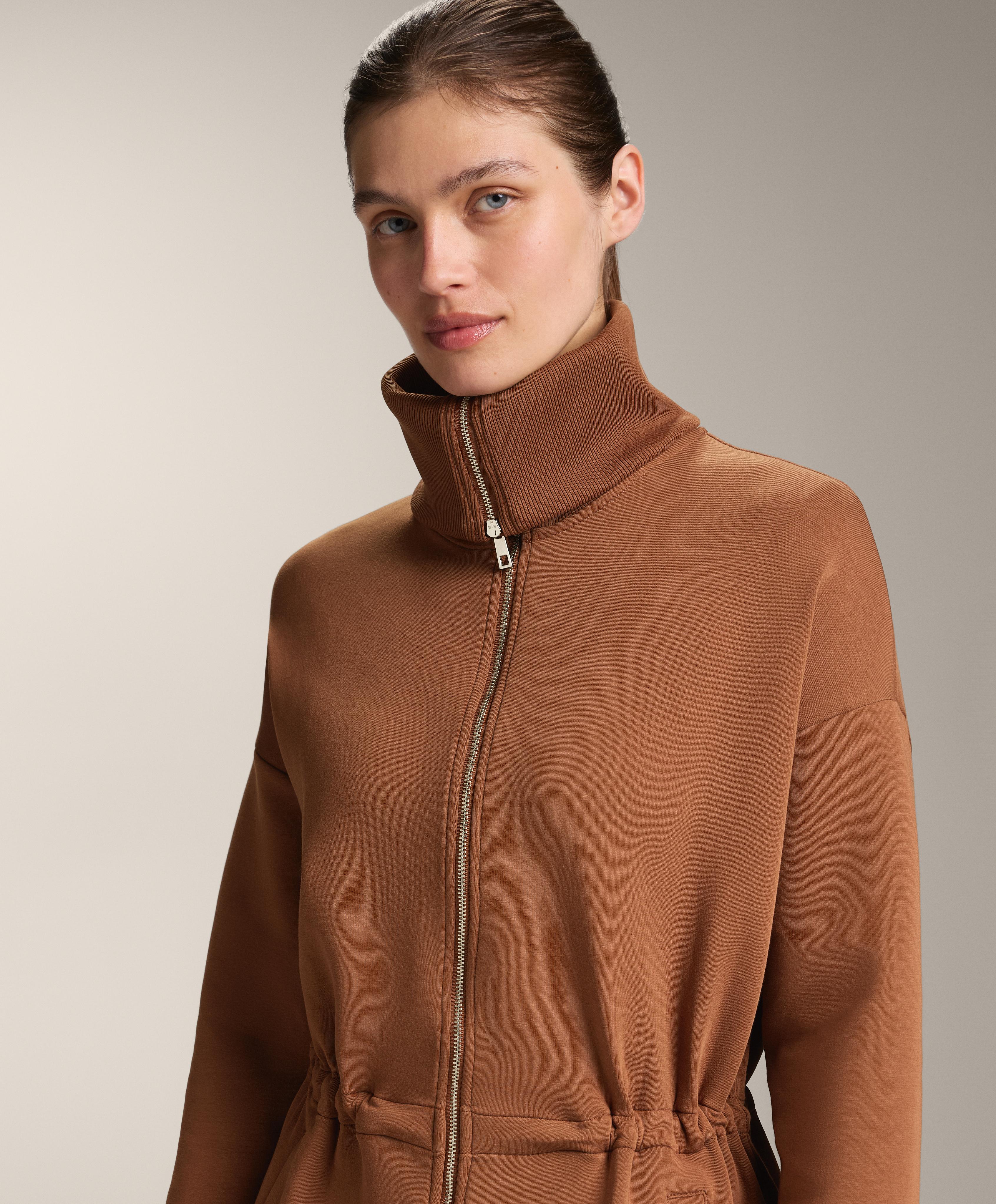 Long jacket with adjustable waist, rib collar in a cotton blend - Sale