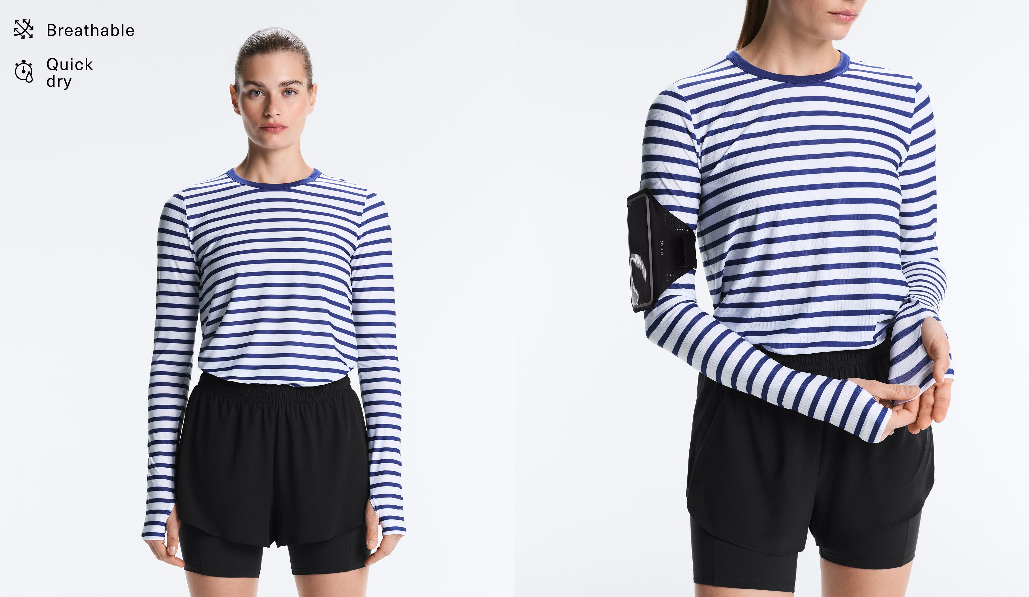 Striped long-sleeved technical T-shirt — ELECTRIC BLUE