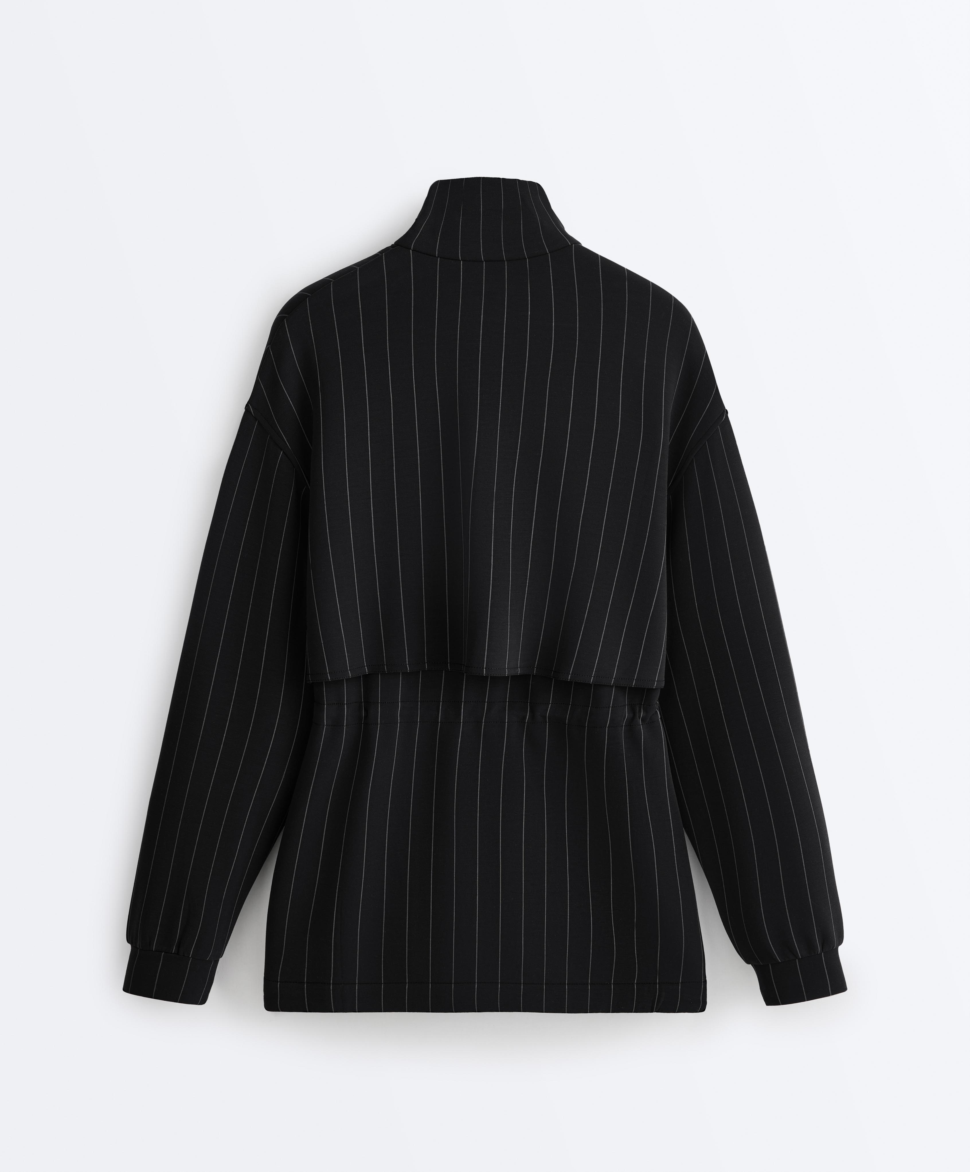 Long pinstripe jacket with adjustable waist and soft-touch modal — BLACK