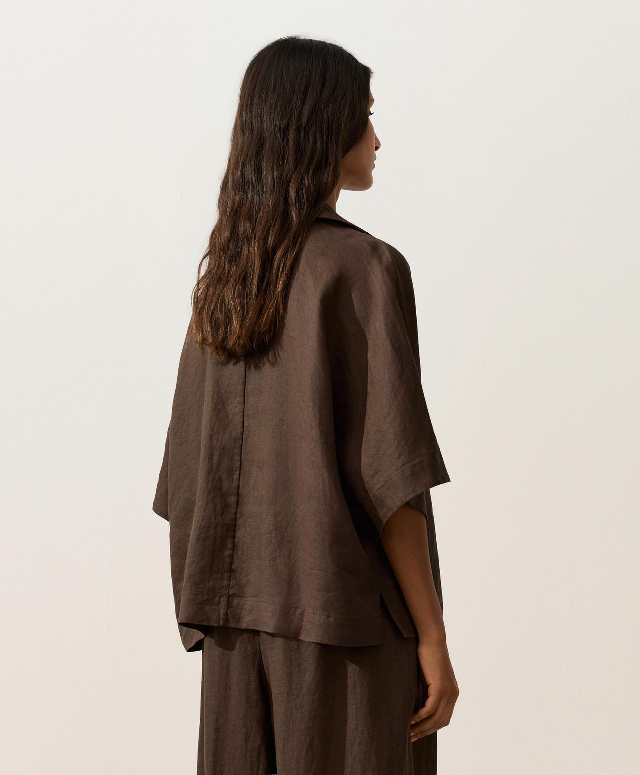 Oversize 100% linen polo shirt — DARK BROWN