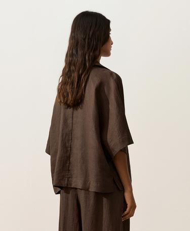 Oversize 100% linen polo shirt — DARK BROWN 6