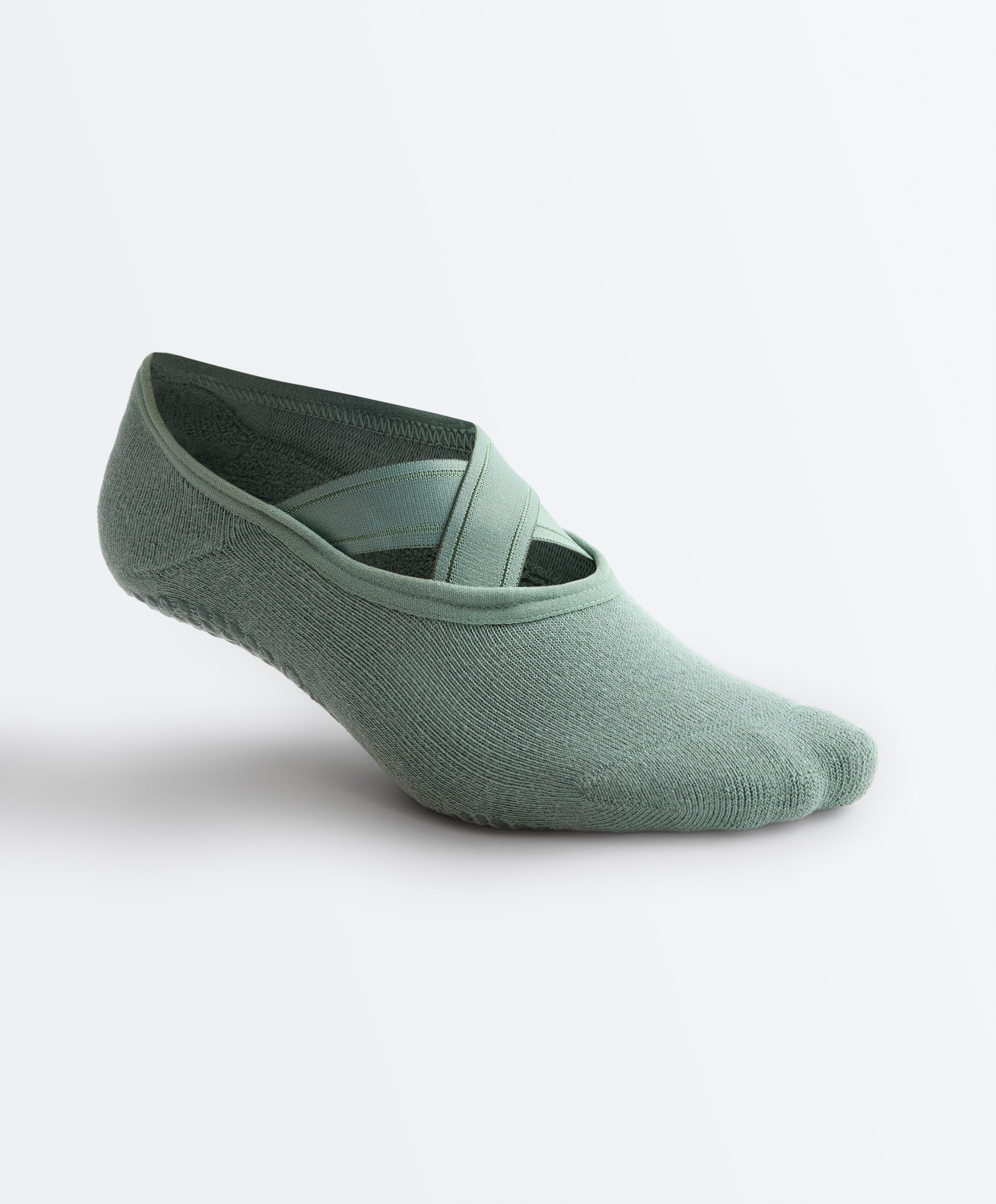2 pairs of padded cotton blend yoga and Pilates socks with crossover straps — GREY-TURQUOISE