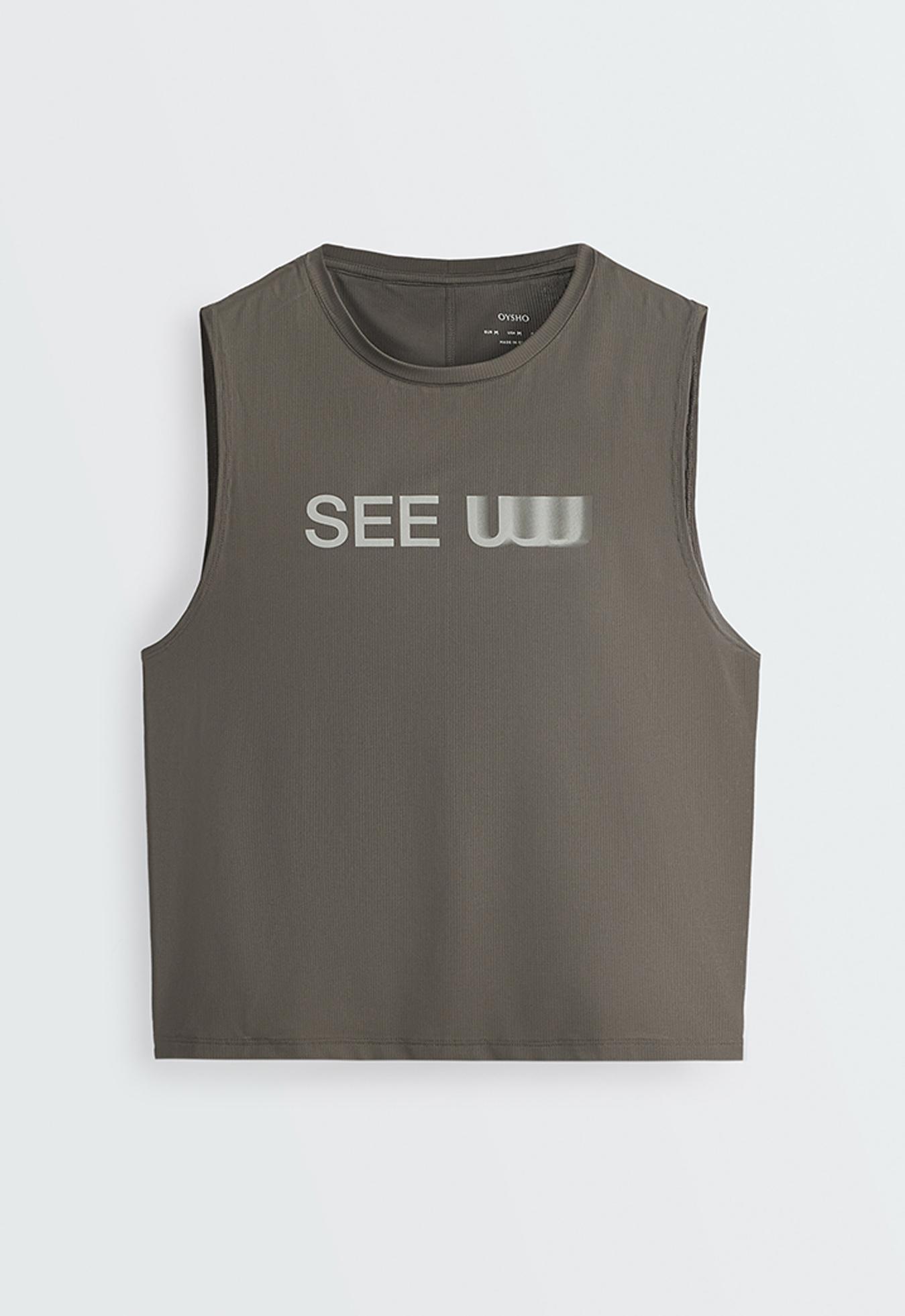 Technical sleeveless T-shirt with text — CHARCOAL GREY