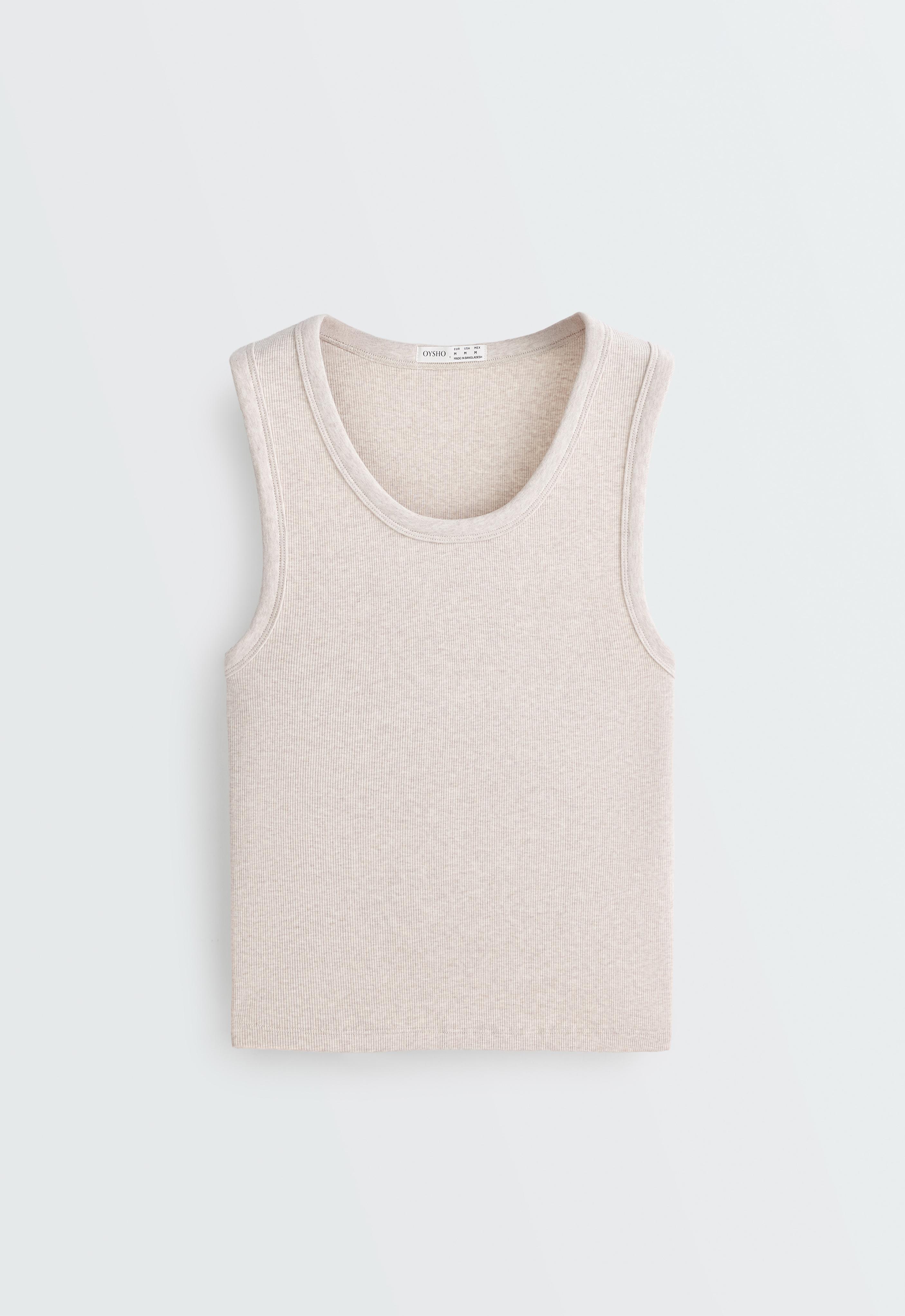 Rib T-shirt with wide straps, cotton and modal — SAND MELANGE
