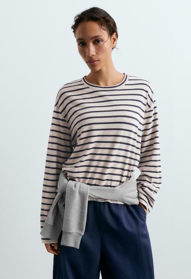 Relaxed long sleeve cotton-blend stripe t-shirt — MINK MELANGE 3